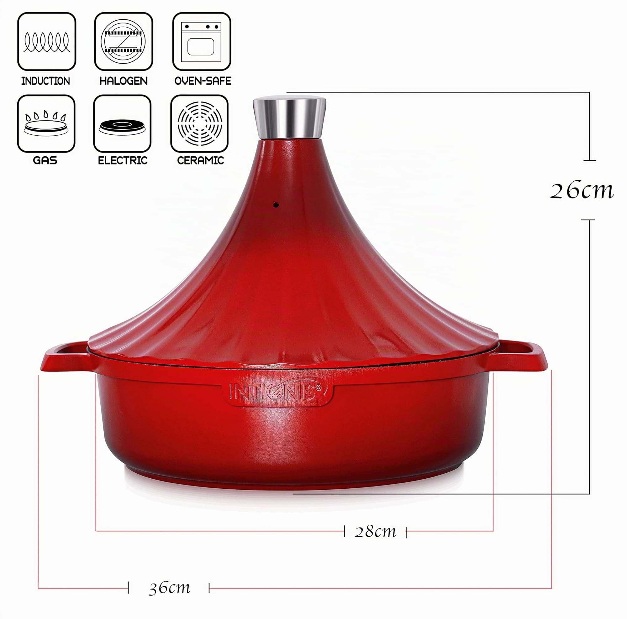 NTIGNIS Marmite à tajine marocaine | Passa quattro | Grande coda di 28 cm | Induzione, gas, électrique, céramique | Revêtement anti-adhésif sans produits chimiques Greblon (Rosso)