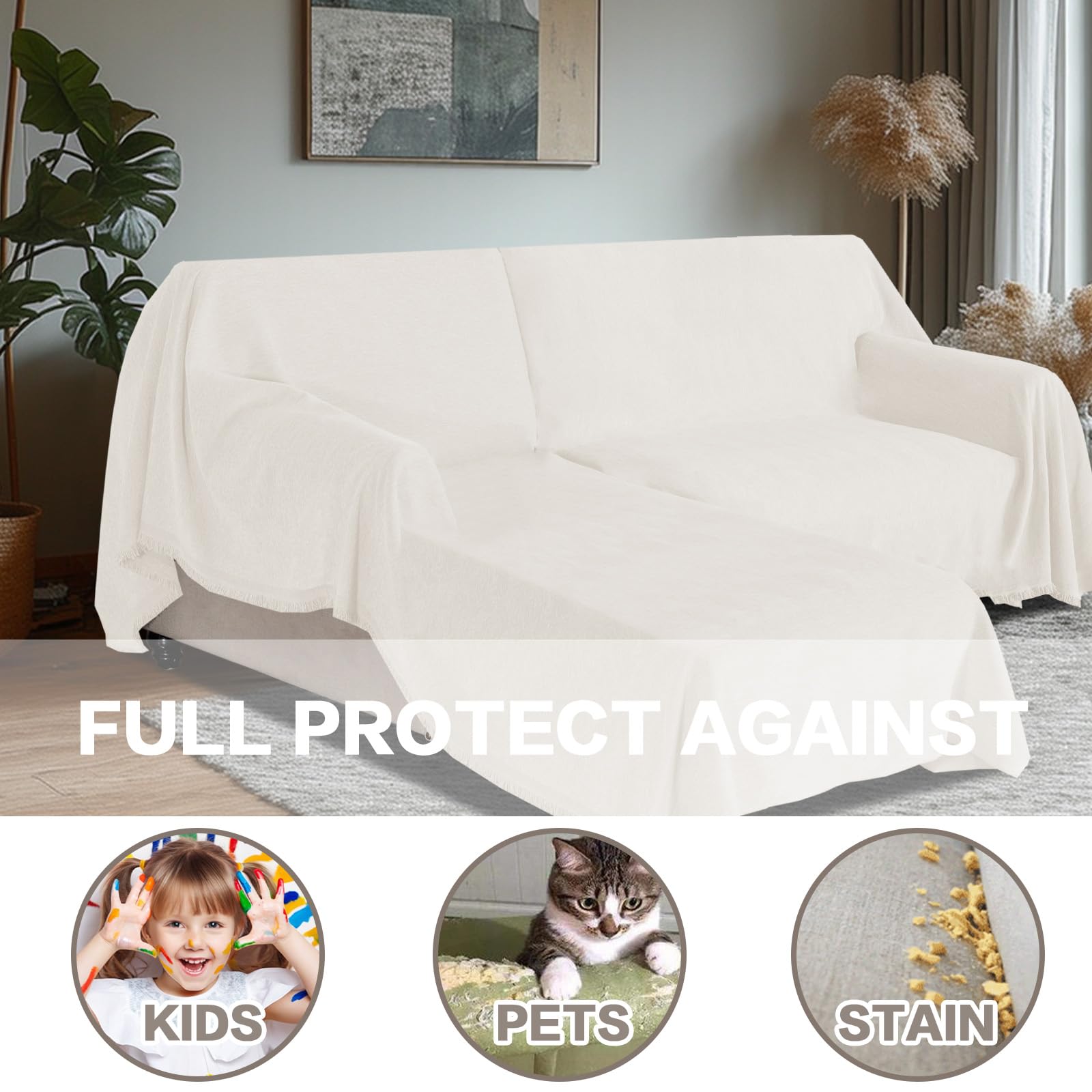 BellaHills Ciniglia Copridivano 3 Posti con Penisola Ciniglia, Nuovo Fodera per Divano Antiscivolo Antimacchia, Telo Copridivano con Braccioli Graffi Gatto (Beige, 180230 cm x 180279 cm)