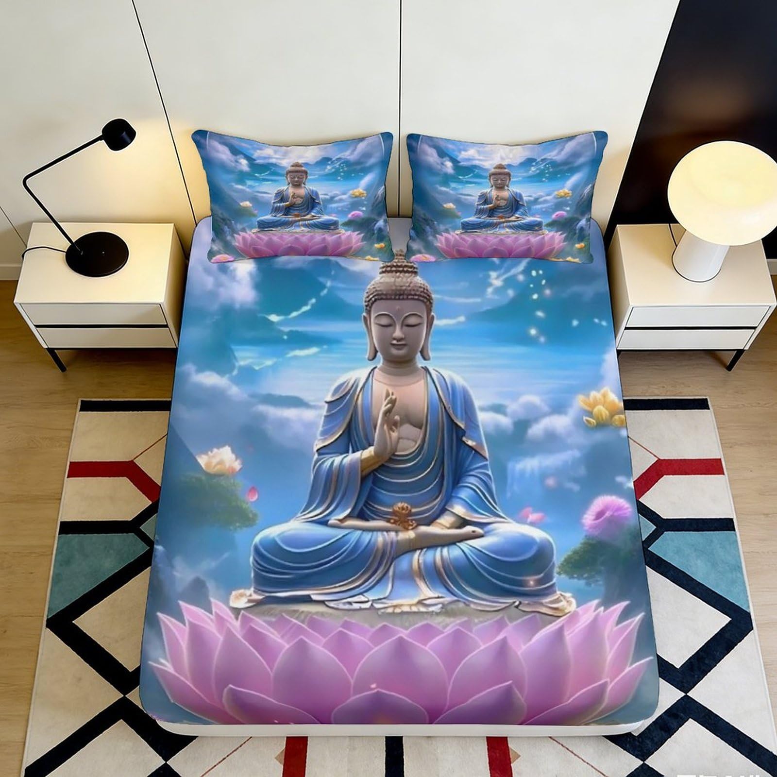 3D Printed Buddha Lotus Fitted Sheet Microfiber Soft Blue Meditation Bed Sheet for Bedroom Dorm Mattress Protection Decor 90x200x25cm