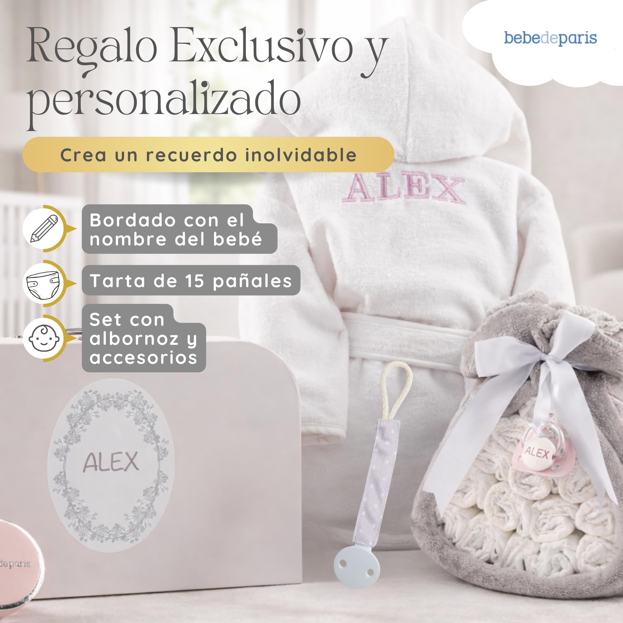 Tarta de Pañales para Recién Nacida con Manta Bordada + 15 Pañales Talla 2 + Chupete Personalizado Neutro | BebeDeParis