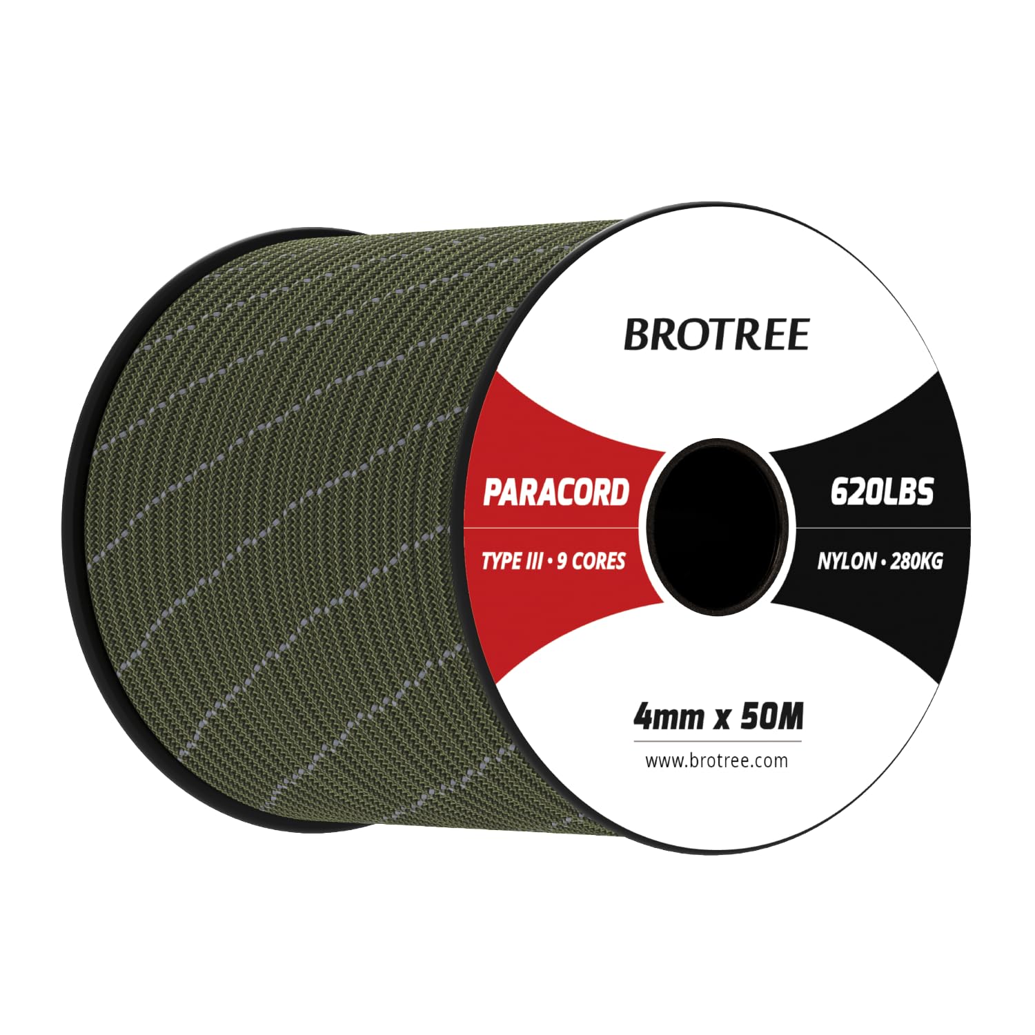 Brotree Paracord 4mm 50M 9 Strands 100% Nylon Rope Type 3 Parachute Cord for Outdoor, Bracelet, DIY - 280kg Breaking Load (Reflective Army Green)