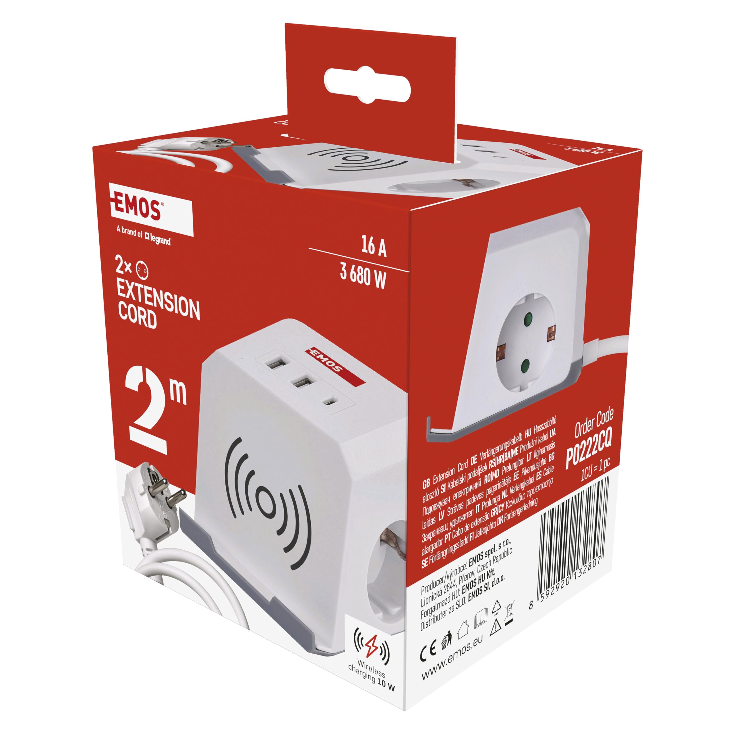 EMOS Steckdosenwürfel mit USB und QI Ladestation, 2X Schuko-Steckdosen, 2X USB-A Port, 1x USB-C Port, 1x Qi Ladestation mit Handy-Ständer, 2m Kabel, erhöhter Berührungsschutz