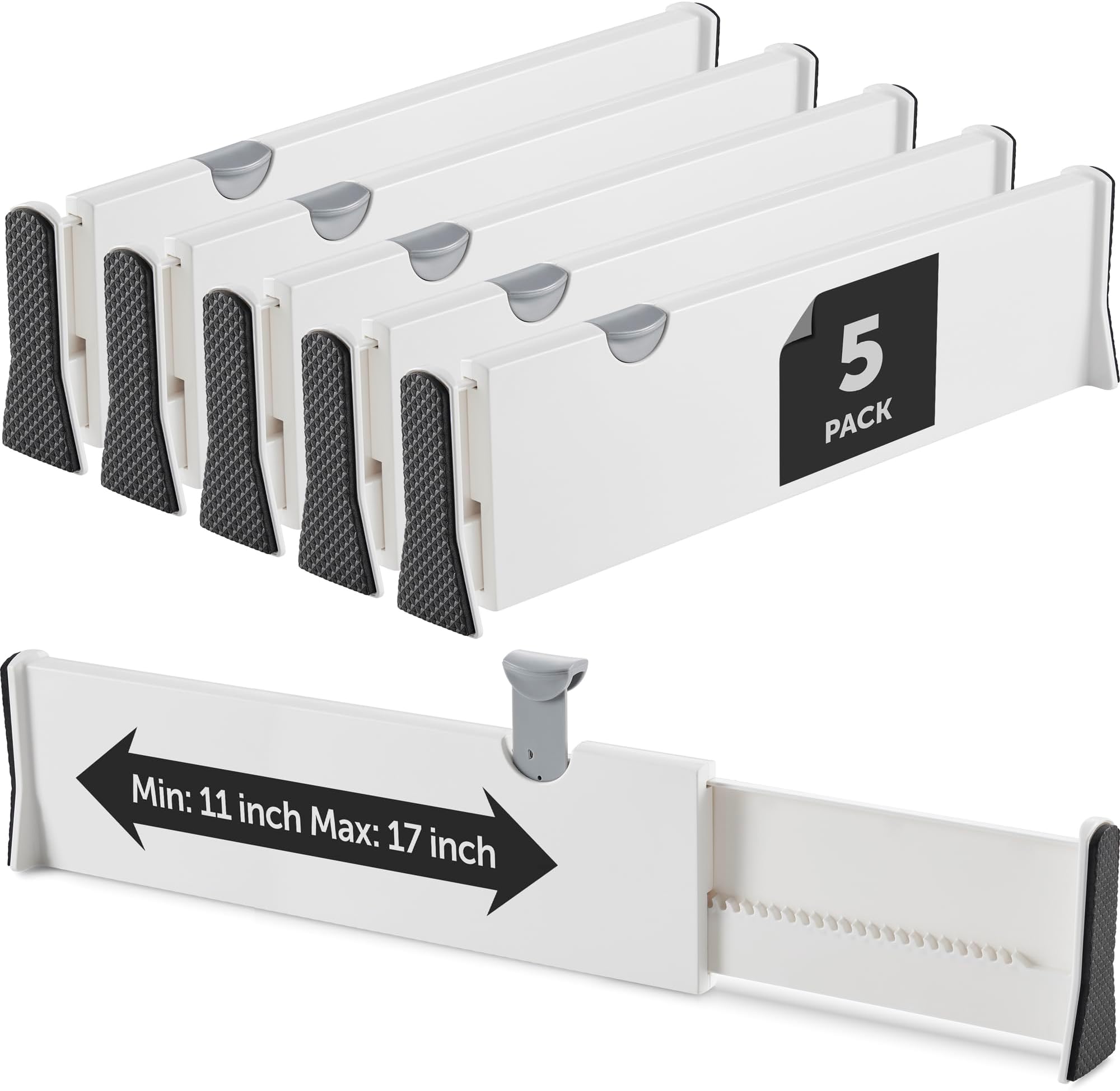 Adjustable Drawer Dividers [Set of 5] Adjustable Length 11" - 17" Drawer Organizers, Locks in Place, Easy-Assemble, Secured, Foam Ends, for Bedroom, Bathroom, Kitchen/Office Organization & Storage