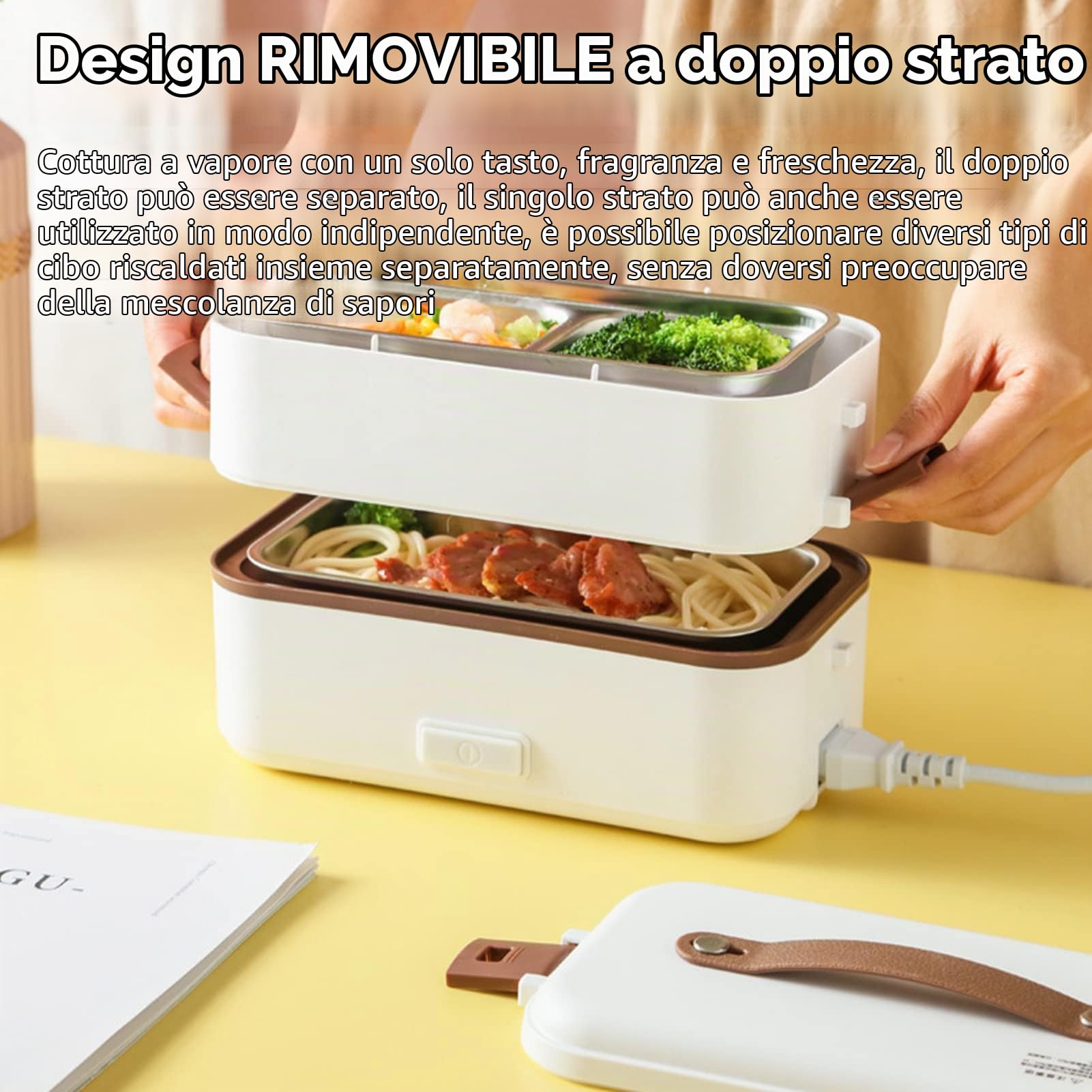 Lunch Box Elettrico, Scaldavivande Portatile per Home Office School, Lunch Box a Vapore a 2 Strati 20 Minuti Riscaldamento Rapido con Contenitore Rimovibile in Acciaio Inossidabile,(0,8 l/220 V)
