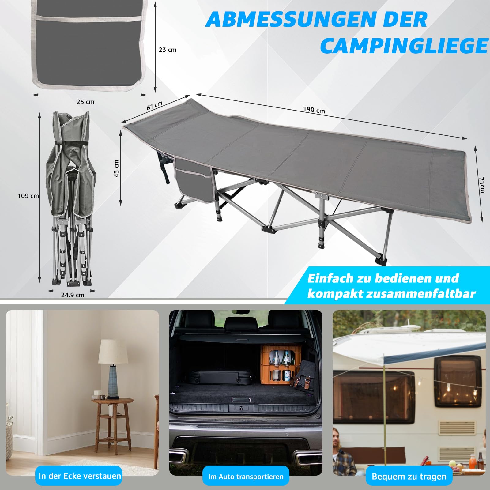 Klappbares Feldbett Campingbett faltbar, 150 kg belastbar - Robustes Gästebett für Outdoor, Camping, Garten & Büro mit Seitentasche und Tragetasche