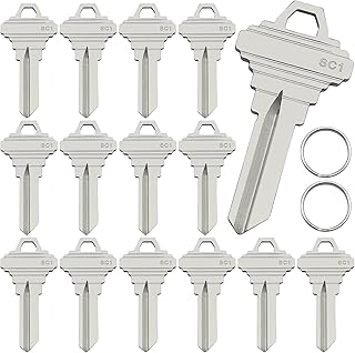 SC1 Blank Key Blanks, Pack of 15 Premium Brass Uncut Blank Keys Compatible with 5-Pin Locks, Copper Structures Blank Keys for Residential & Commercial Locks, with 2 Key Rings