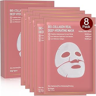 Bio-Collagen Real Deep Mask, 8 Pack Overnight Hydrating Face Mask for All Skin Types,Original Hydrating Collagen Face Mask