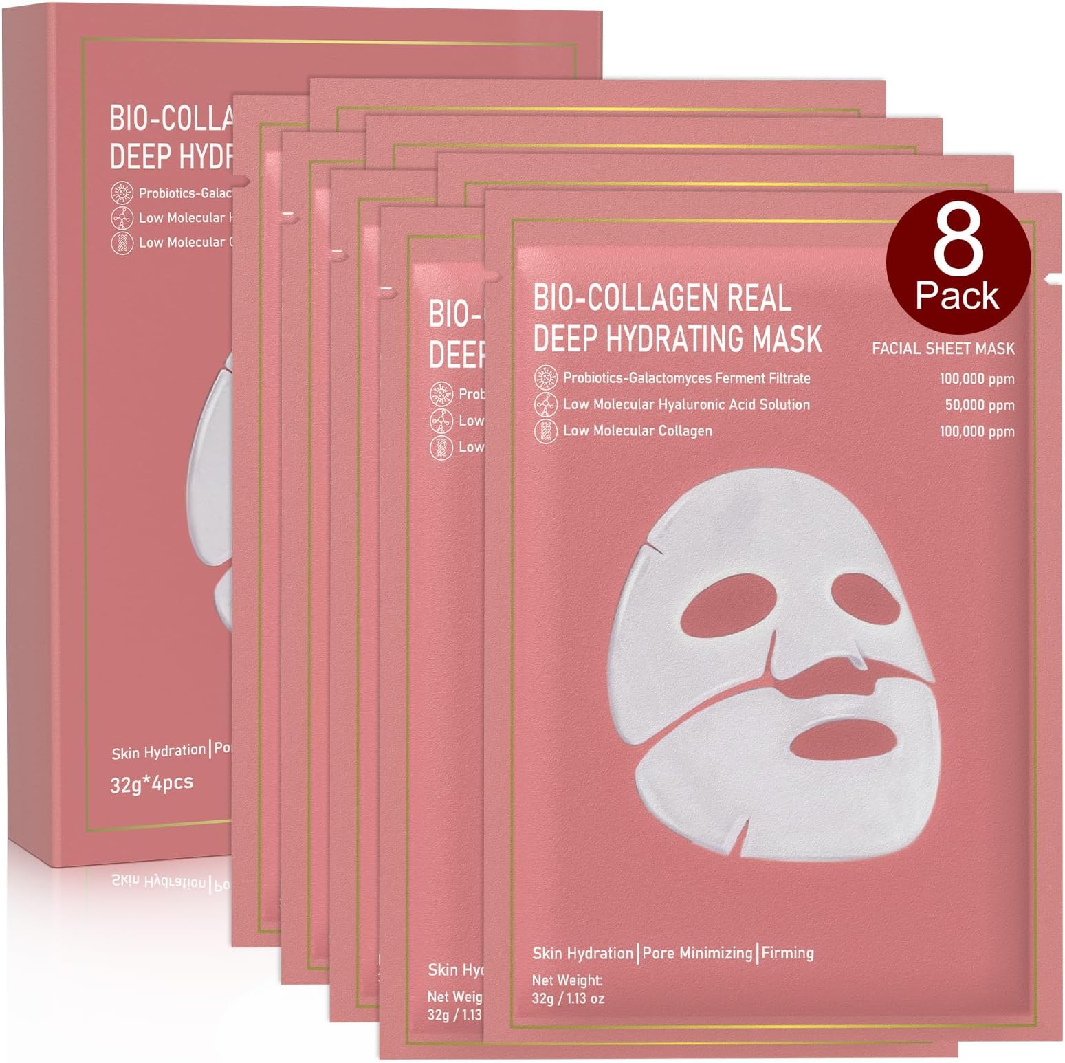 Bio-Collagen Real Deep Mask, 8 Pack Overnight Hydrating Face Mask for All Skin Types,Original Hydrating Collagen Face Mask