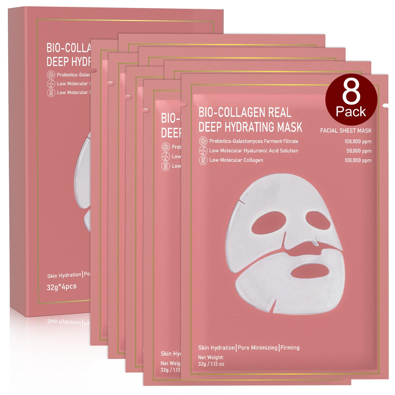 Bio-Collagen Real Deep Mask, 8 Pack Overnight Hydrating Face Mask for All Skin Types,Original Hydrating Collagen Face Mask
