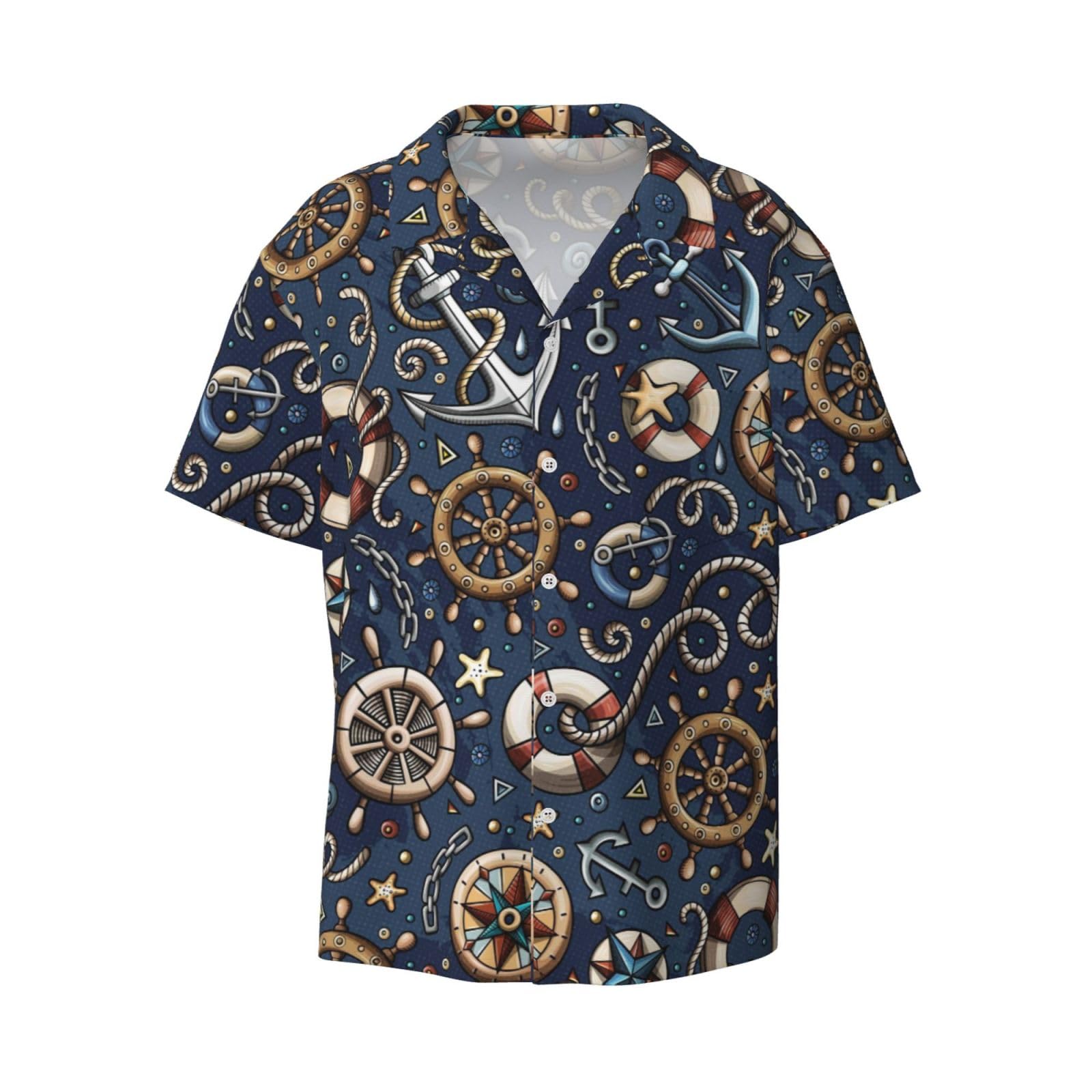 Fjqwklf Unisex Nautical Men's Button Down Shirts Short Sleeve Casual Beach Summer Shirt With Pocket Large