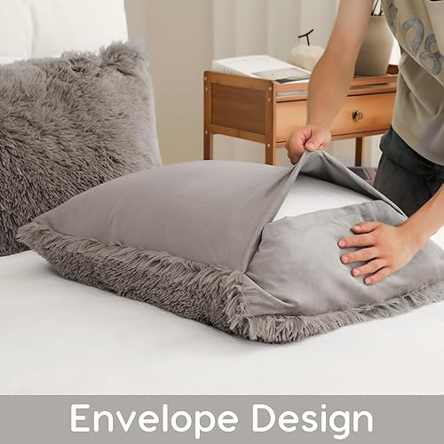 Miniatura 6 de Juego de funda de edredón mullida y esponjosa de 2 piezas, tamaño individual, funda de edredón de piel sintética con cierre de cremallera y lazos en