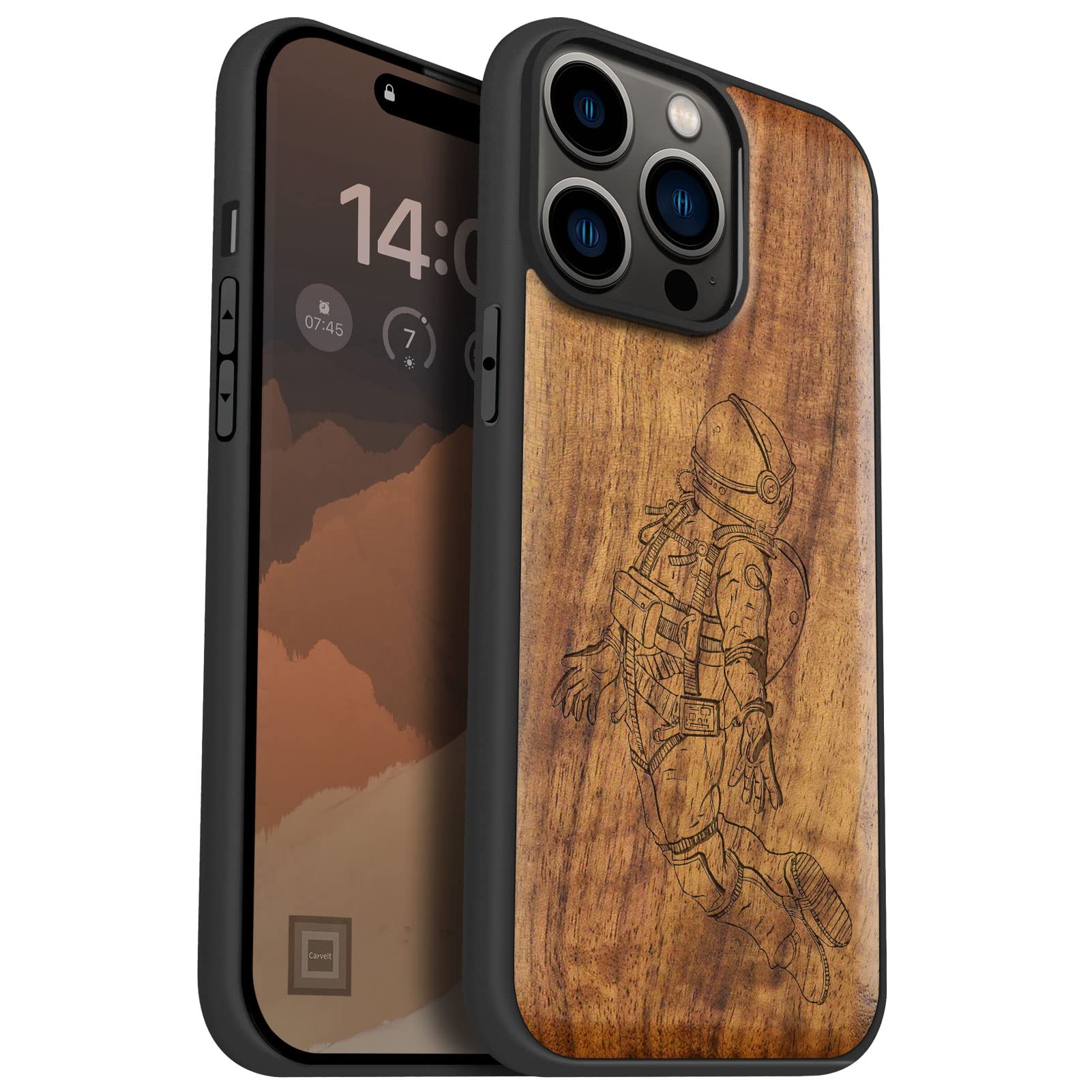 Custodia in legno per iPhone 14 Pro, Bewood Unique Dream Island per MagSafe, blu-marrone