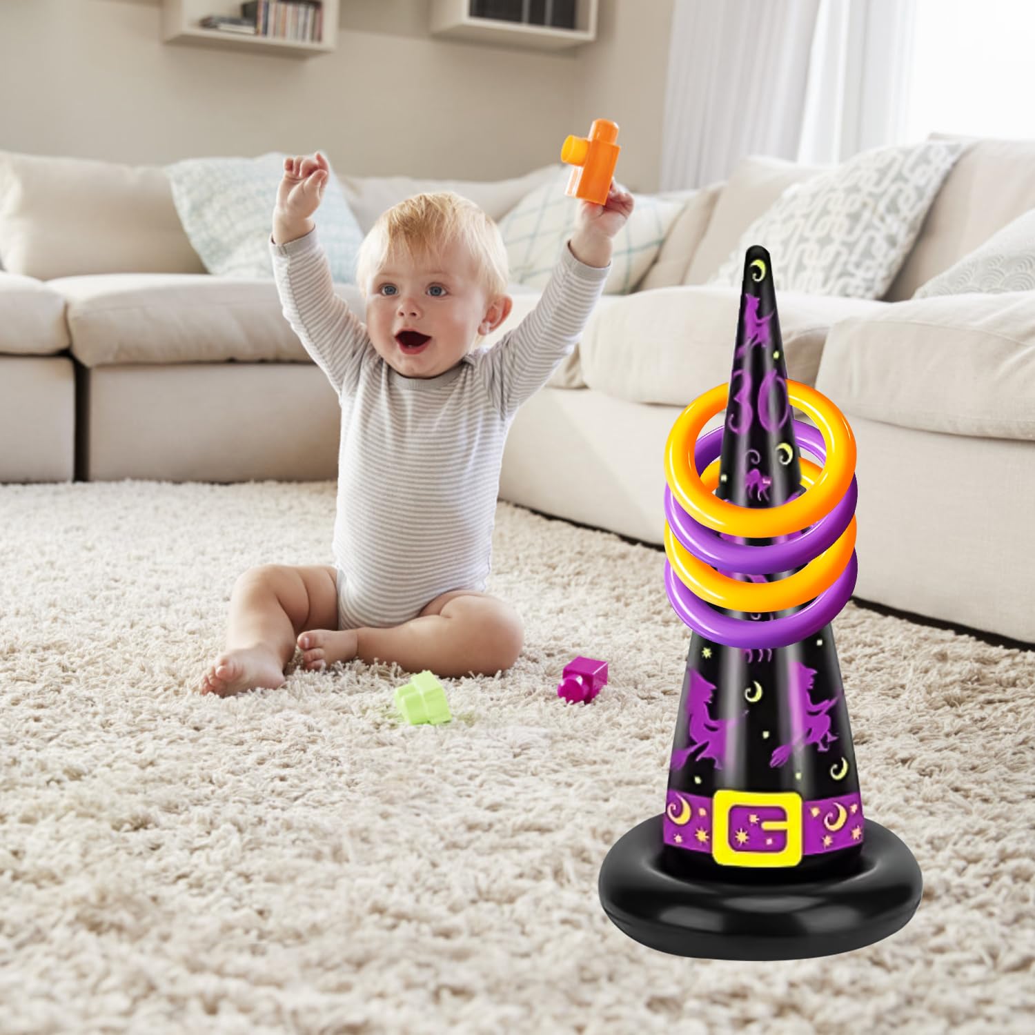 HAICN 5Pieces Halloween Inflatable Throwing Rings Games Purple Witch Hat and 4 Rings Toss Party Indoor Outdoor Fun Games for Kids Adults Family - Image 3