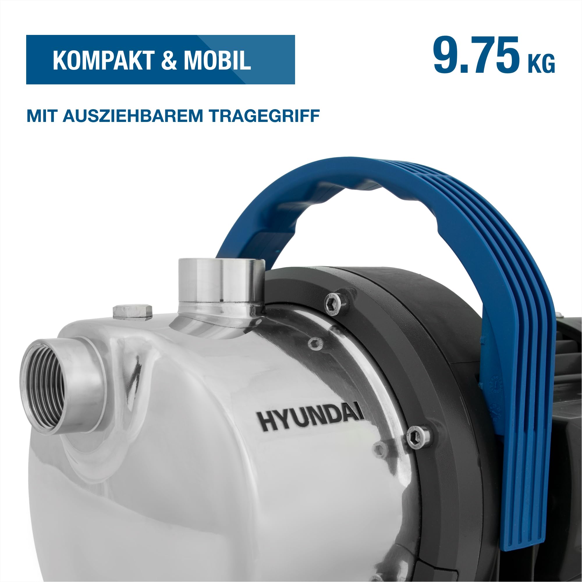 HYUNDAI Gartenpumpe GP12050 | 1200 W, Fördermenge 5.000 l/h | Förderhöhe: max. 50 m, Ansaughöhe: max. 8 m | Edelstahl-Gehäuse | Wasserpumpe