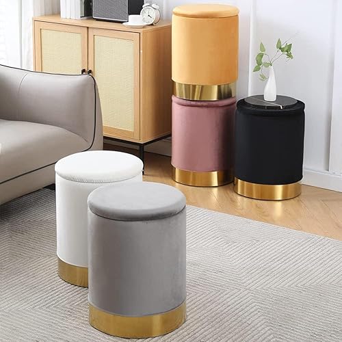 Miniatura 9 de Mxfurhawa Velvet Storage Ottoman Multipurpose Footrest Stool with Metal Base Modern Round Vanity Stool Chair Ottoman Foot Stools Support 300 lbs