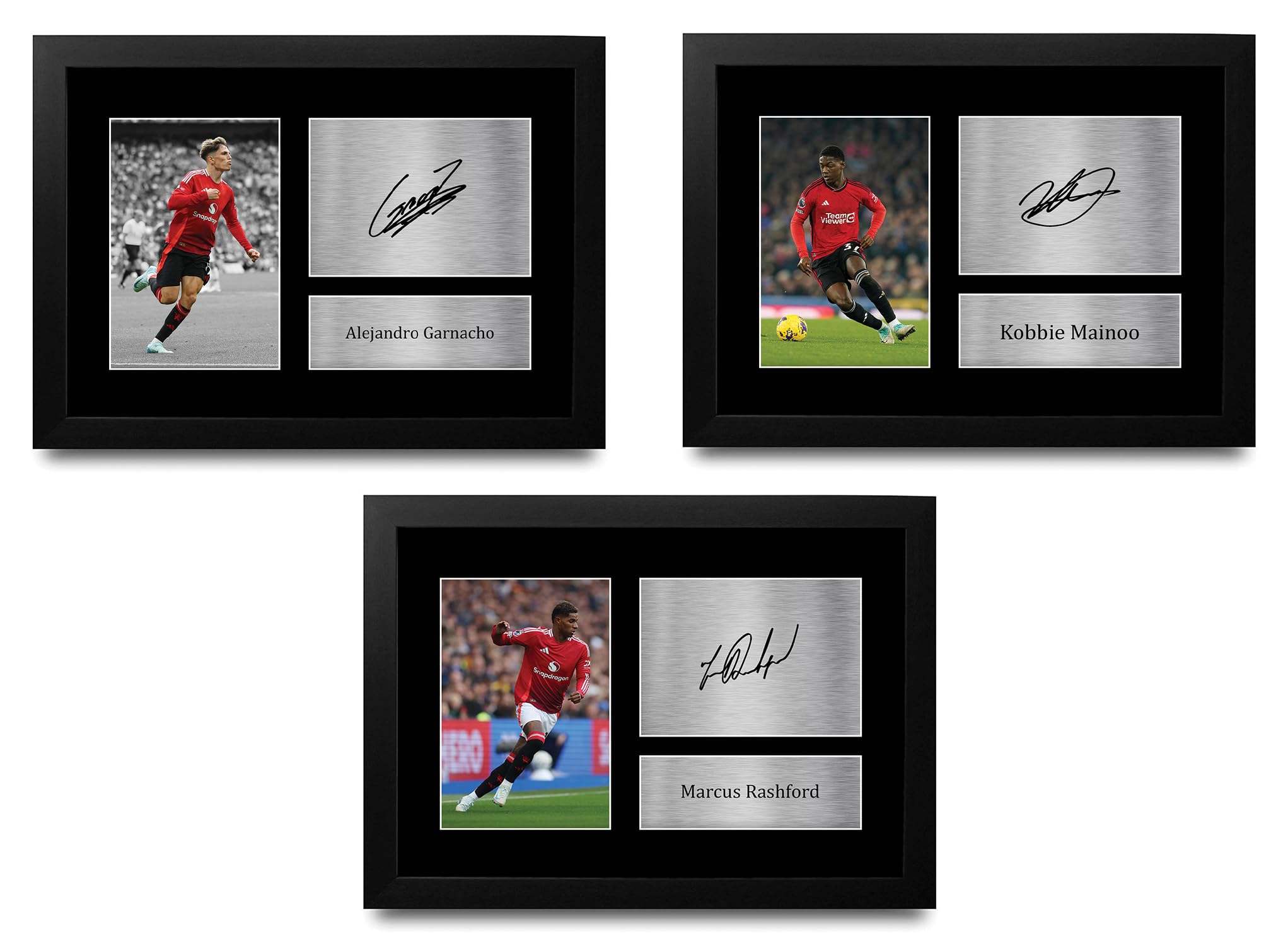 HWC Trading Garnacho, Mainoo & Rashford Gifts Printed Signed Autograph Pictures for Football Fans and Supporters - A4 Framed