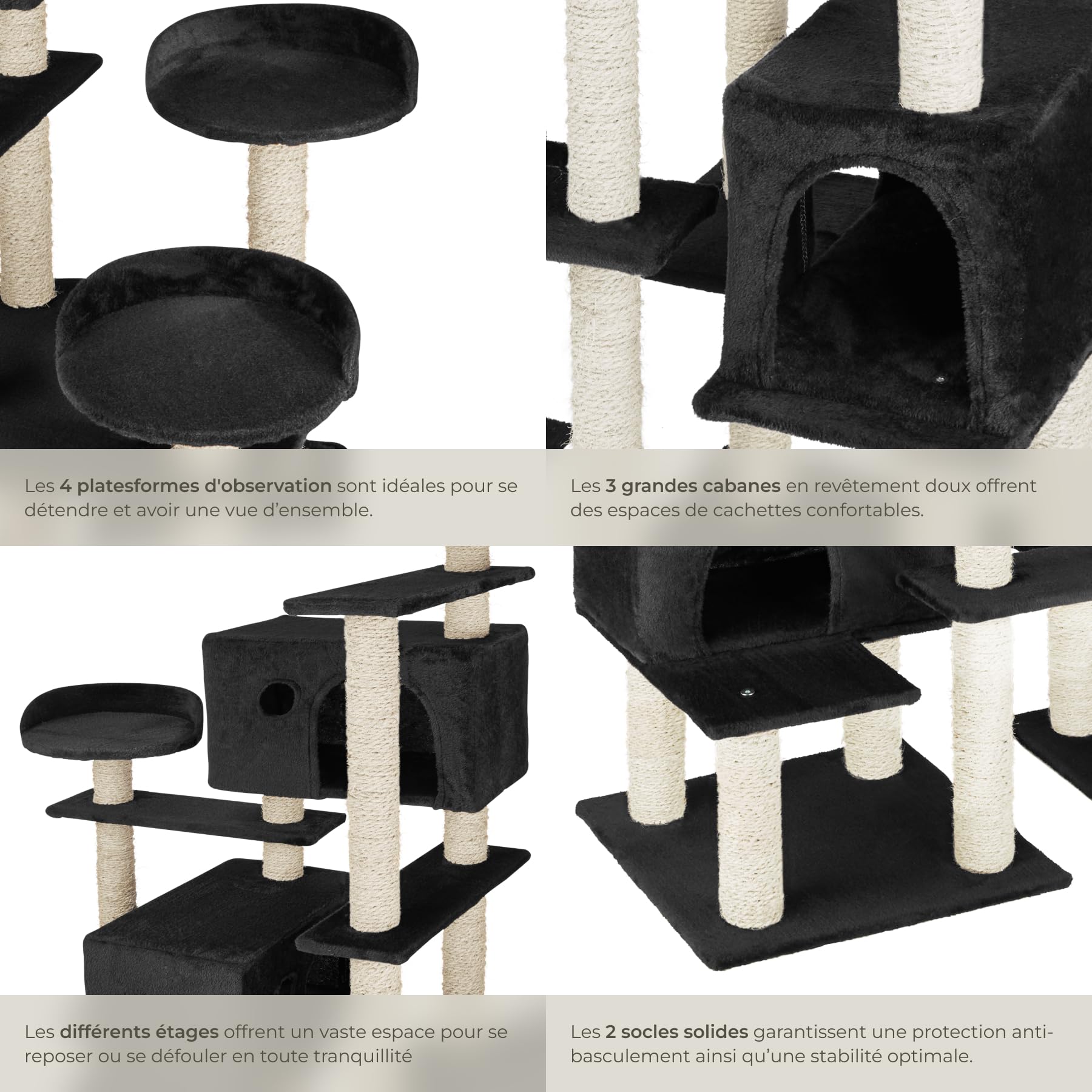 tectake® Arbre à Chat XXL Griffoir 214 cm, 4X Maison pour Chats 4X Lit pour Chat Jeux Appartement Accessoire Chats avec Couchage Grattoir Chat Etagere