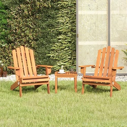 3-Piece Acacia Wood Adirondack Chair Set, Brown Folding Outdoor Lounge Seating with Farmhouse Style for Patio Garden Balcony, Comfortable Foldable