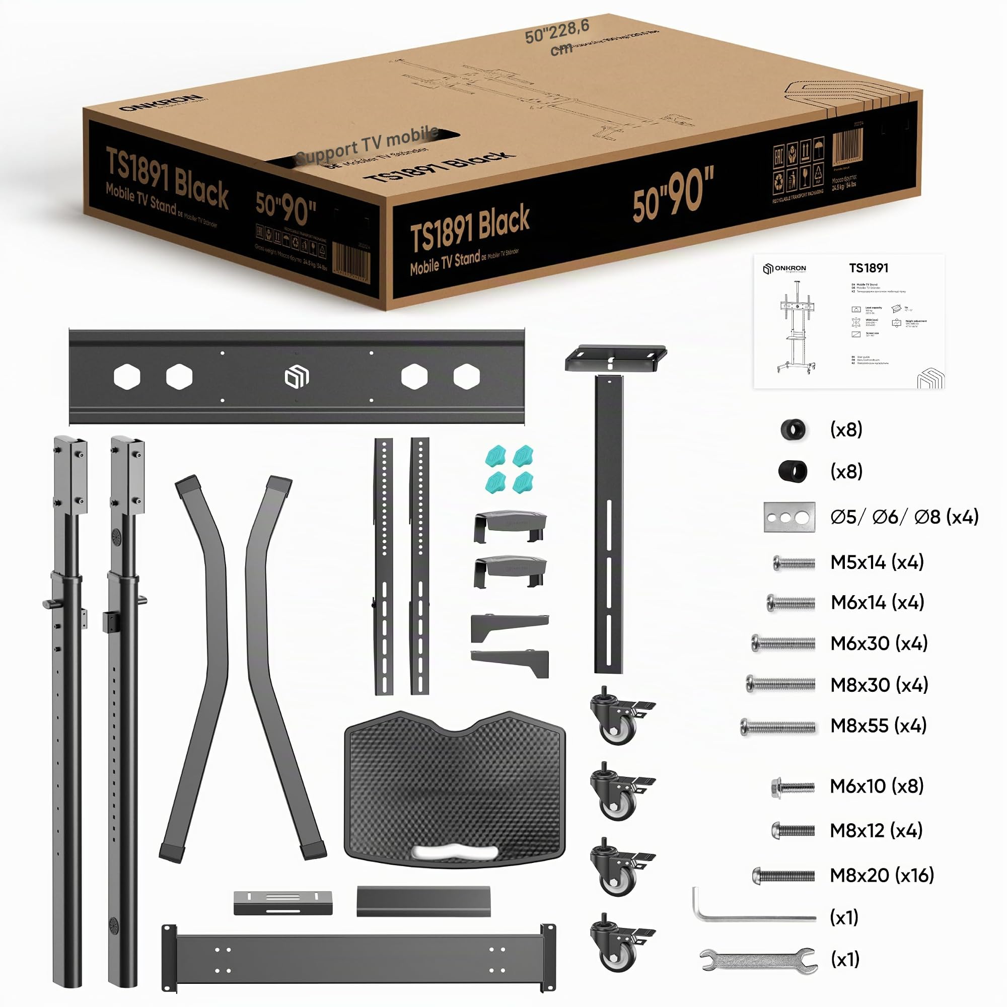 ONKRON Support TV roulettes 50" - 90", 90 kg, Max VESA 800x600, TS1891-B | Support TV mobile, inclinaison ±5°, hauteur réglable, roues sécurisées, tablettes, présentations, réunions et classes, noir