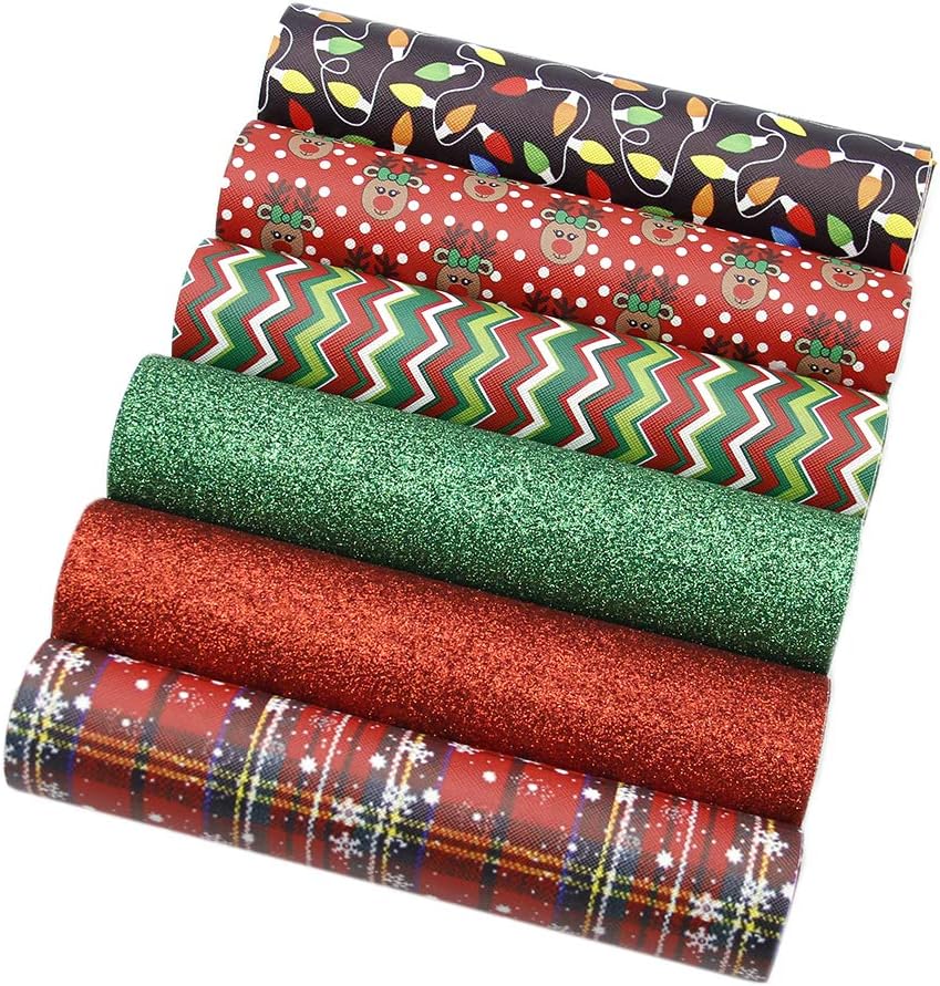 David Angie Merry Christmas Faux Leather Sheet Assorted Synthetic Leather Fabric 6 Pcs 7.9" x 13.4" (20 cm x 34 cm) for Hair Bows Headbands Making Festival Handmade Crafts (Pattern A)