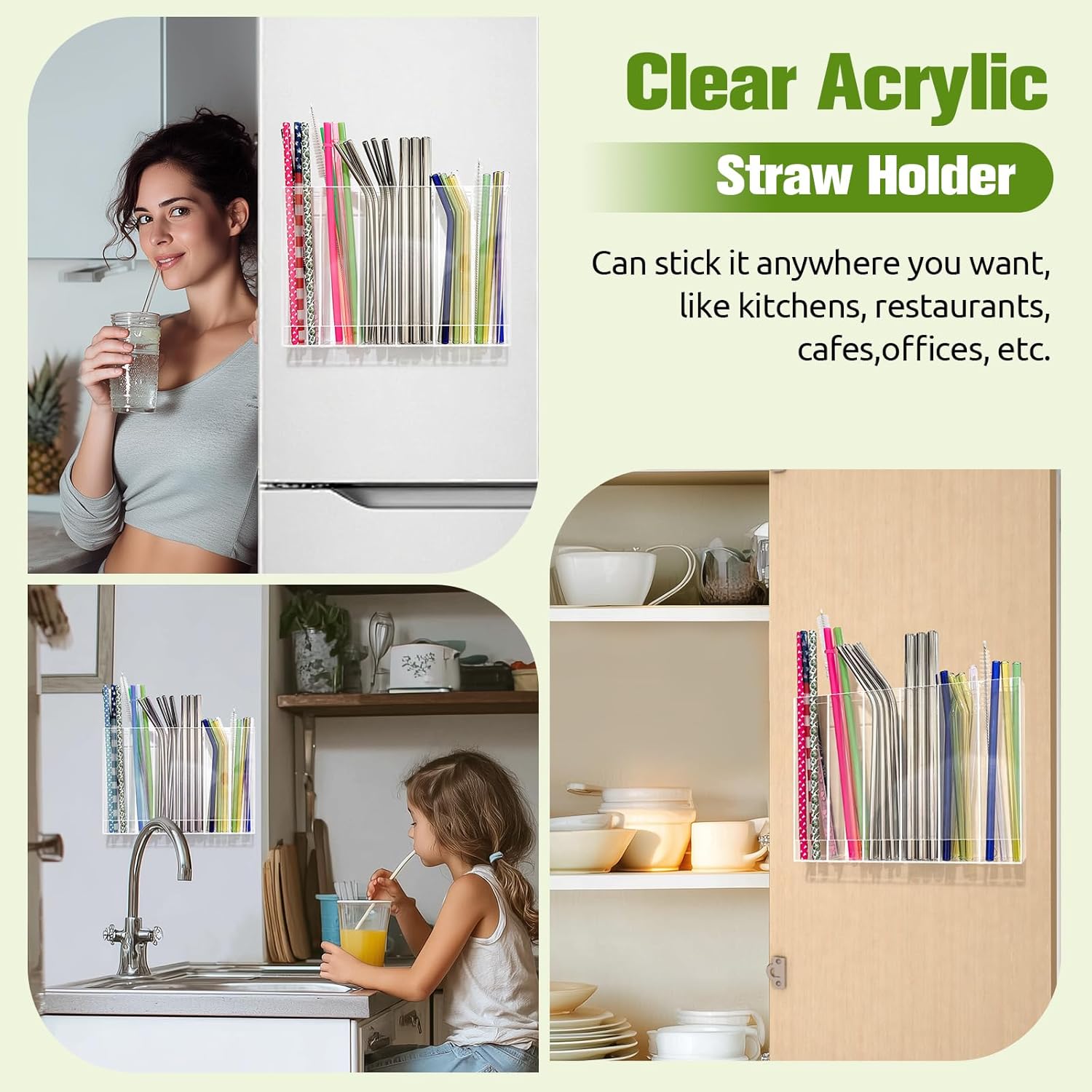 9.6” Large Acrylic Straw Holder for Cabinet Door - 6 compartments, easy to clean, Reusable Tumbler Straw Organizer Storage, Small Kitchen Accessories Container, Ultra Sticky Cupboard Door Mounted - Image 4