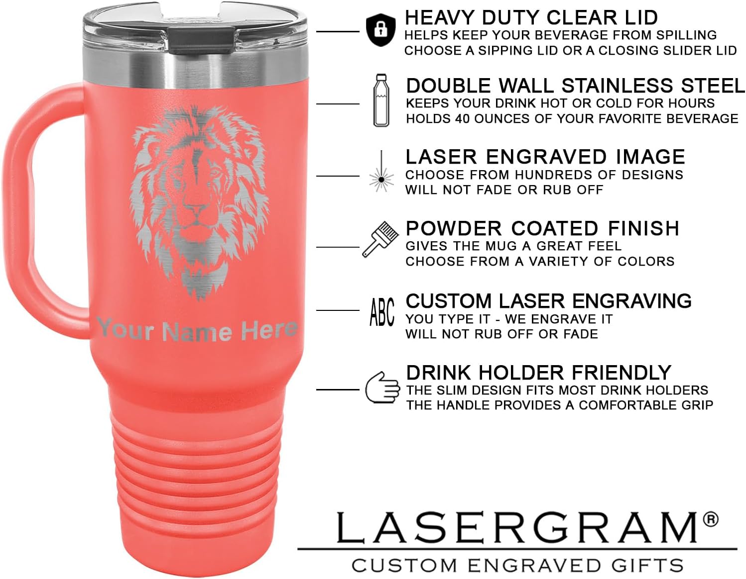 LaserGram 40oz Vacuum Insulated Travel Mug with Handle, Cactus, Personalized Engraving Included (Coral)