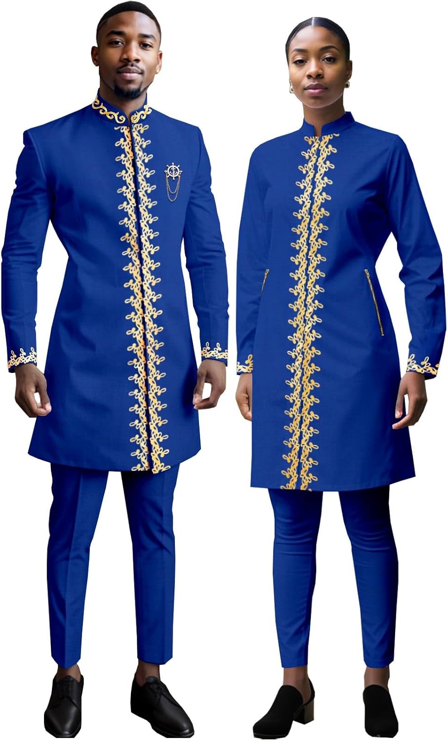 African Clothes for Couple Embroidery Blazer and Pants Set Dashiki Outfits for Men and Women