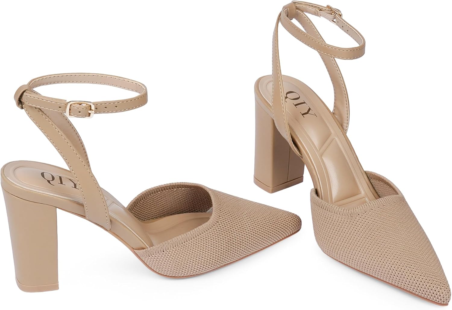 QIY Closed Pointed Toe Heels for Women Chunky Block High Heel Slingback Ankle Strap Pumps for Work Party Prom Wedding