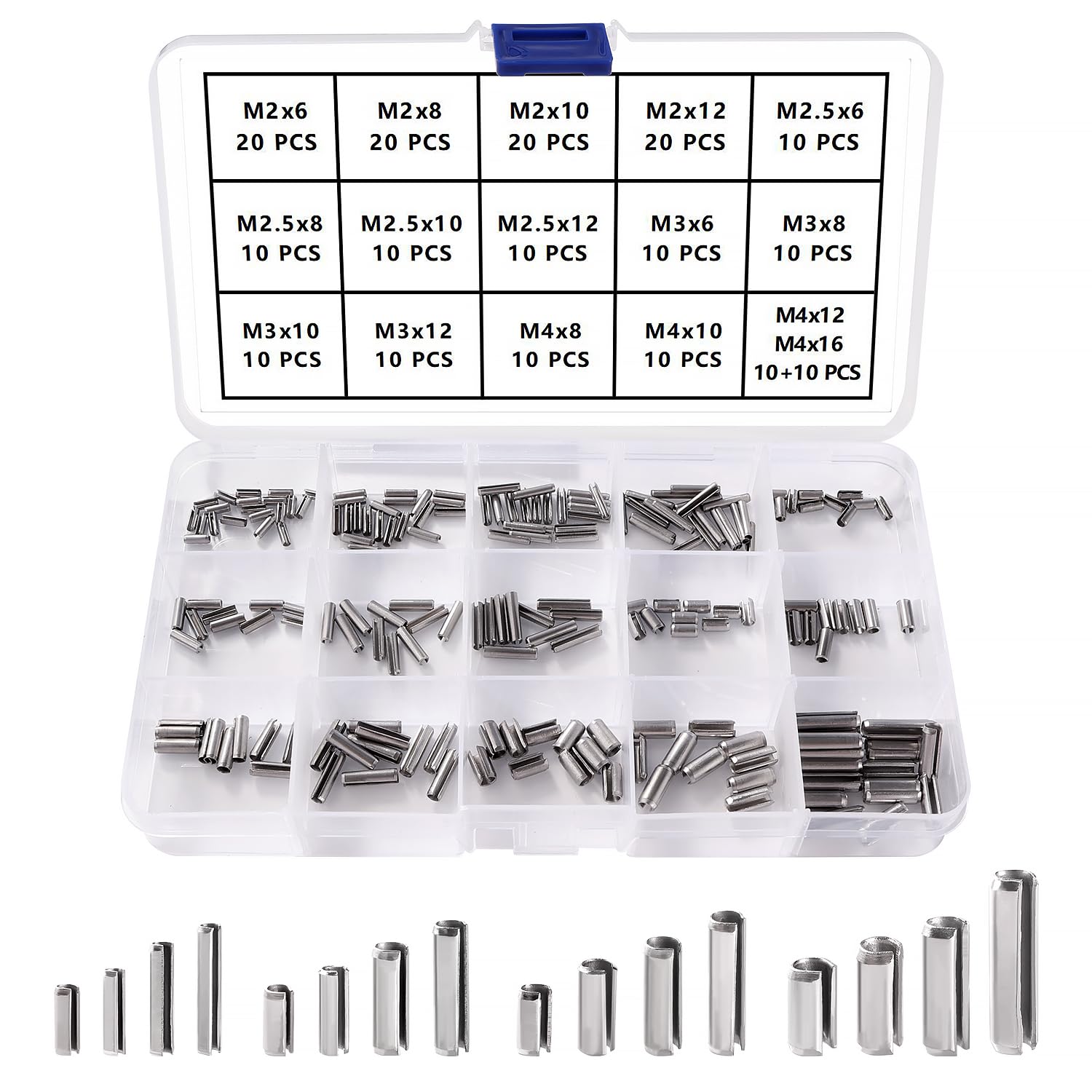 YIXISI 200 PCS 16 Sizes M2 / M2.5 / M3 / M4 Roll Pins Assortment Set, 304 Stainless Steel Split Spring Dowel