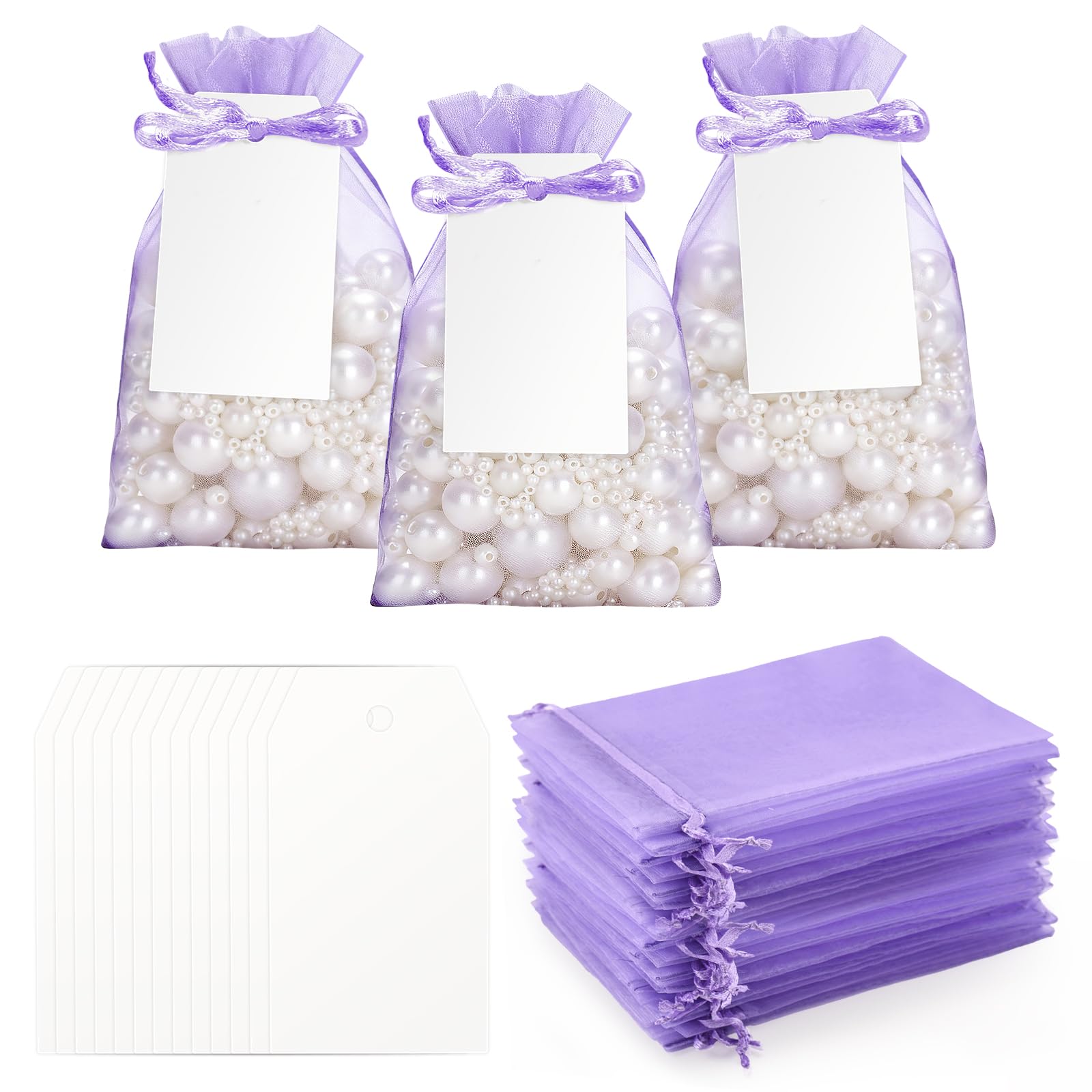 G2PLUS 50 Pack Organza Gift Bags with Tags: 10 x 15 cm Lilac Drawstring Favour Pouches with 4 x 7 cm White Tags for Wedding Party Favours Jewellery Candy