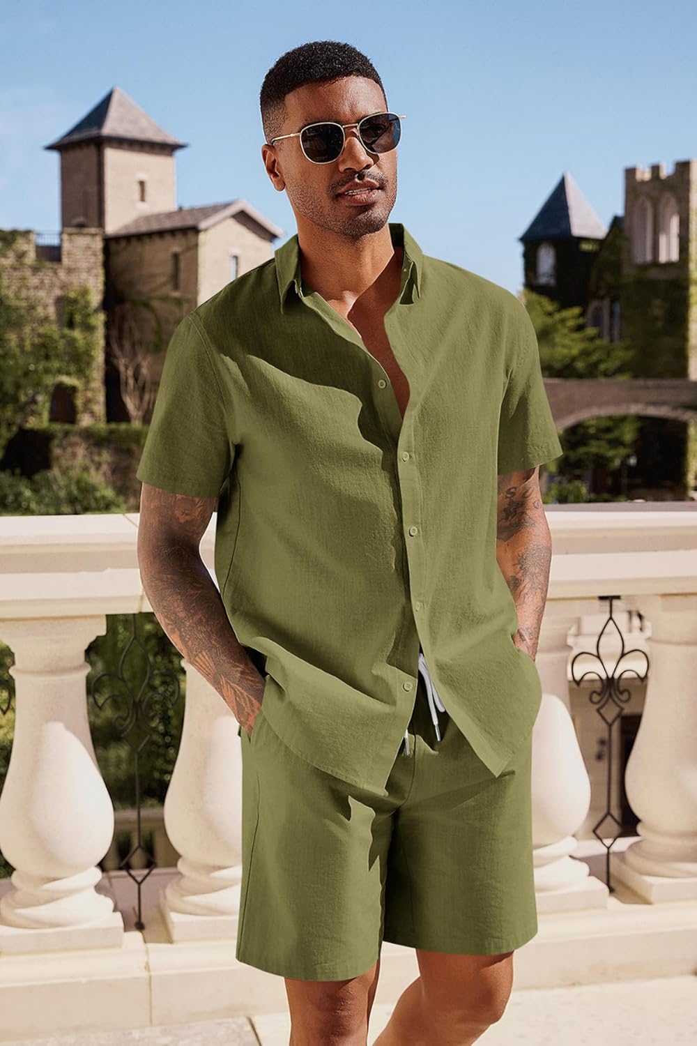 Runcati Mens Summer Beach Outfits 2 Piece Short Sleeve Sets Button Down Linen Cotton Shirts and Shorts Casual Vacation Set - Image 4