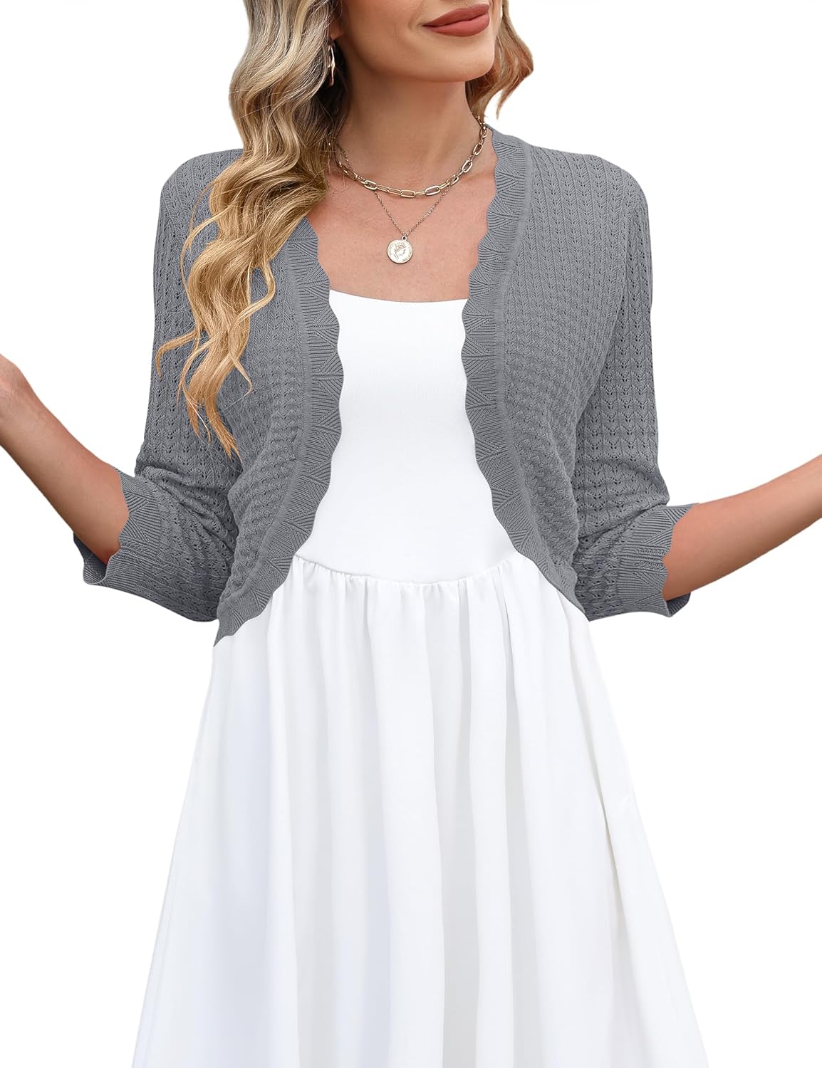 LOMON Women's 3/4 Sleeve Cropped Cardigan Knit Sweaters Trendy Open Front Bolero Shrugs for Dresses S-XXL