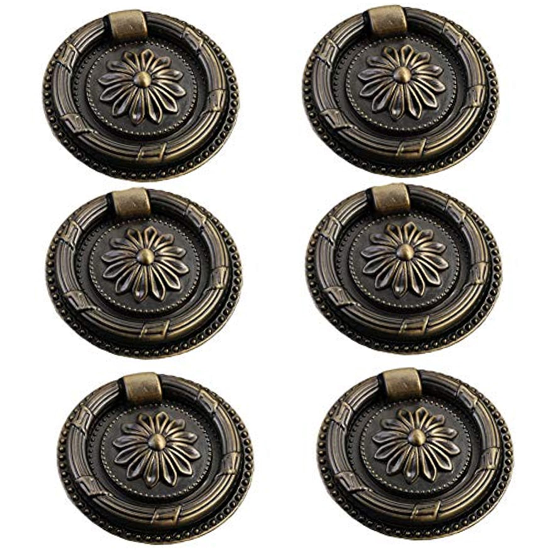 6Pcs Antique Drawer Pulls, 2 Inch Diameter Vintage Drawer Pulls, Oil-Rubbed Bronze Ring Handle Knob for Cabinet, Dresser, Cupboards, Antique Brass Cabinet