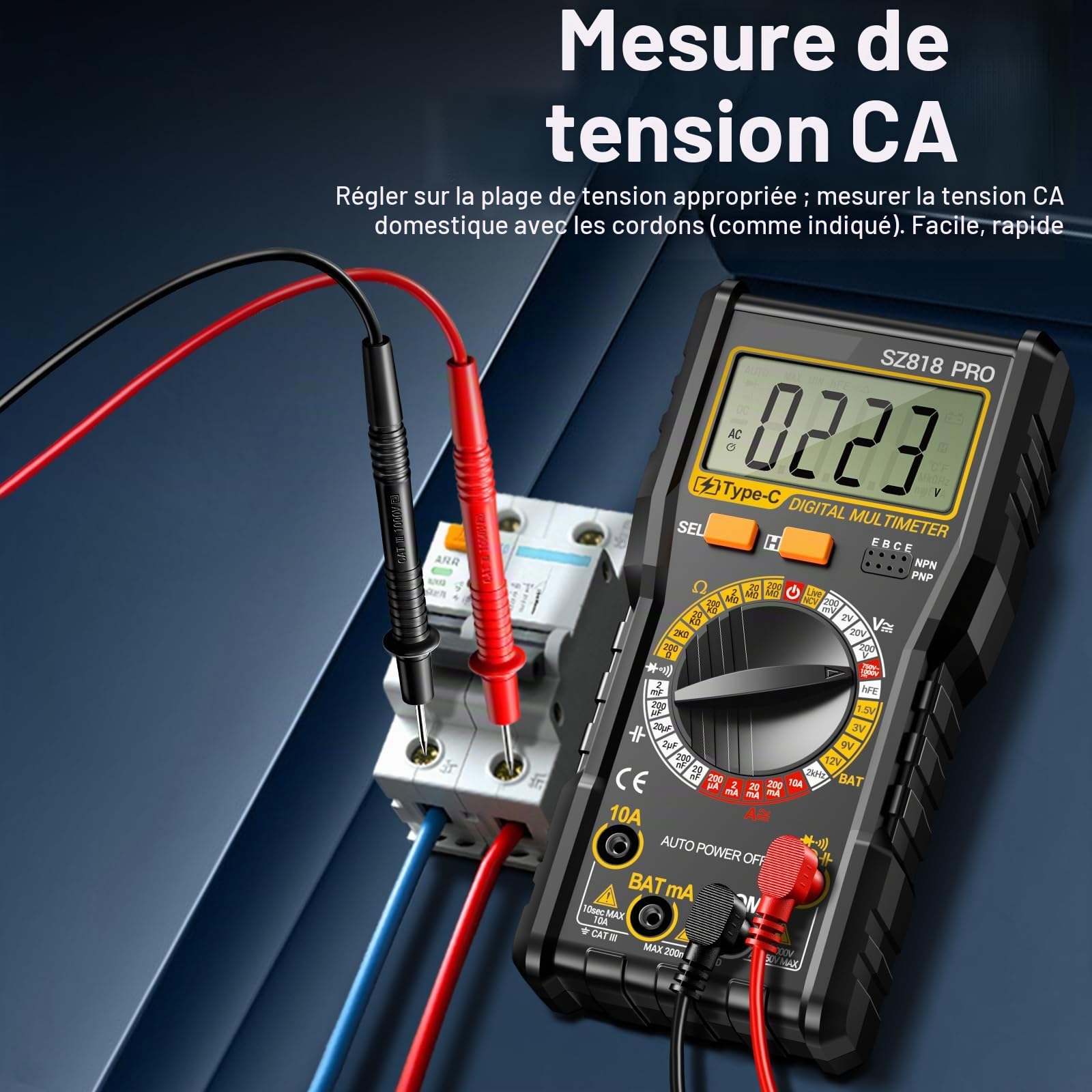 Multimètre numérique rechargeable - Multimètre numérique intelligent - Testeur de tension électrique - Batterie intégrée - Fonction de détection NCV - AC/DC - Résistance - Capacité - Fil neutre