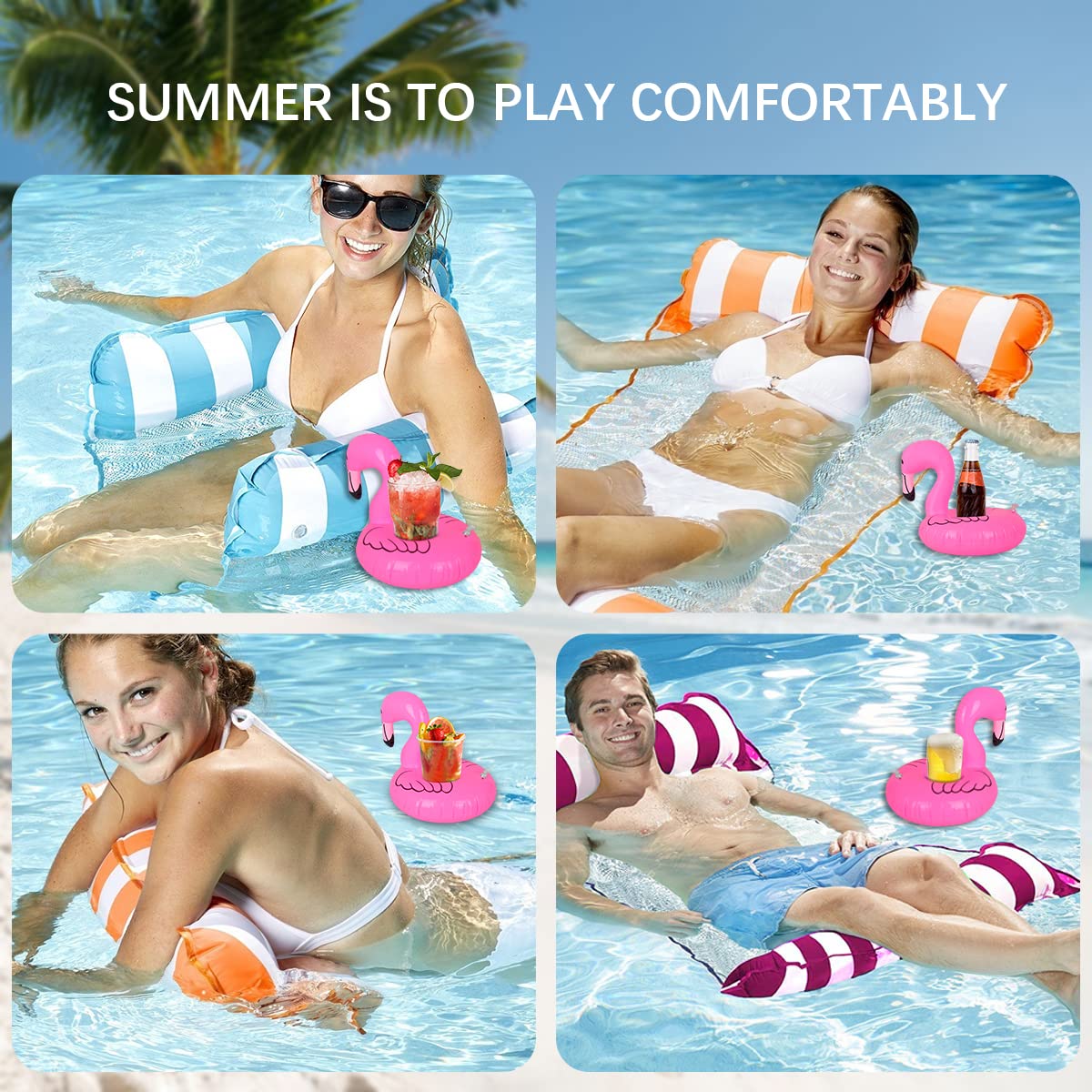 2 Pezzi Materasso ad Aria Piscina Acqua Amaca con 2 Pezzi Gonfiabile Porta Bevande, Gonfiabile Nuoto Letto 4 in1 Acqua Amaca Salotto Sedia Piscina Salotto Amaca Gonfiabile Piscina