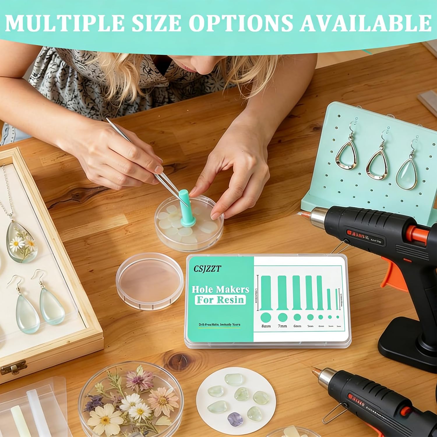 35Pcs Hole Maker for Resin 7 Sizes Drill-Free Silicone Inserts for Epoxy | Reusable with Suction Base, 7 sizes (2-8mm), Perfect for Making Jewelry, Keychain, Earring, Pendants (Green)