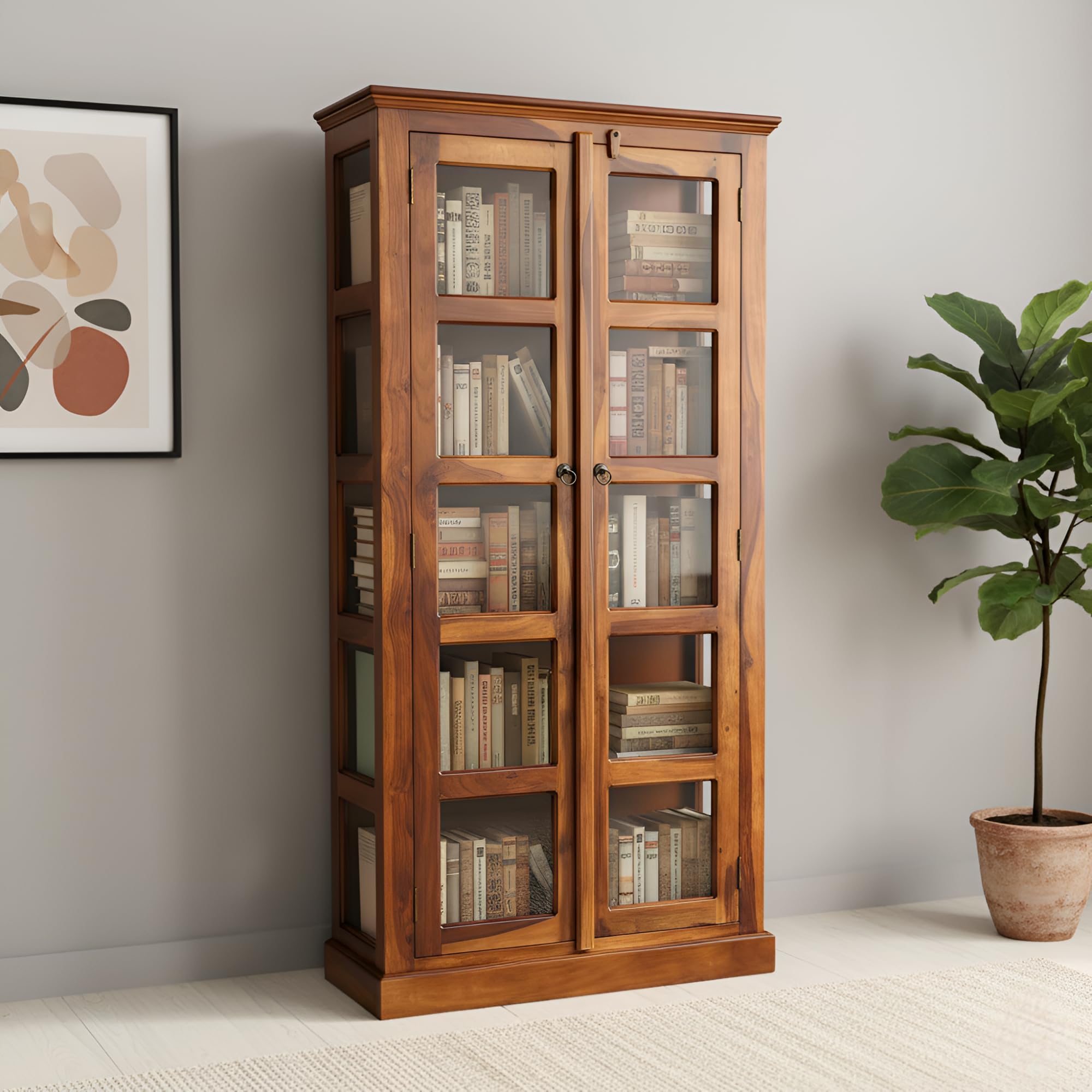 Solid Wood Vista Book Shelf Wooden with Acrylic Glass Door Book Rack for Study Room, Book Organizer Cabinet for Library Bedroom, Living Room, Office Bookshelf (Teak Finish)