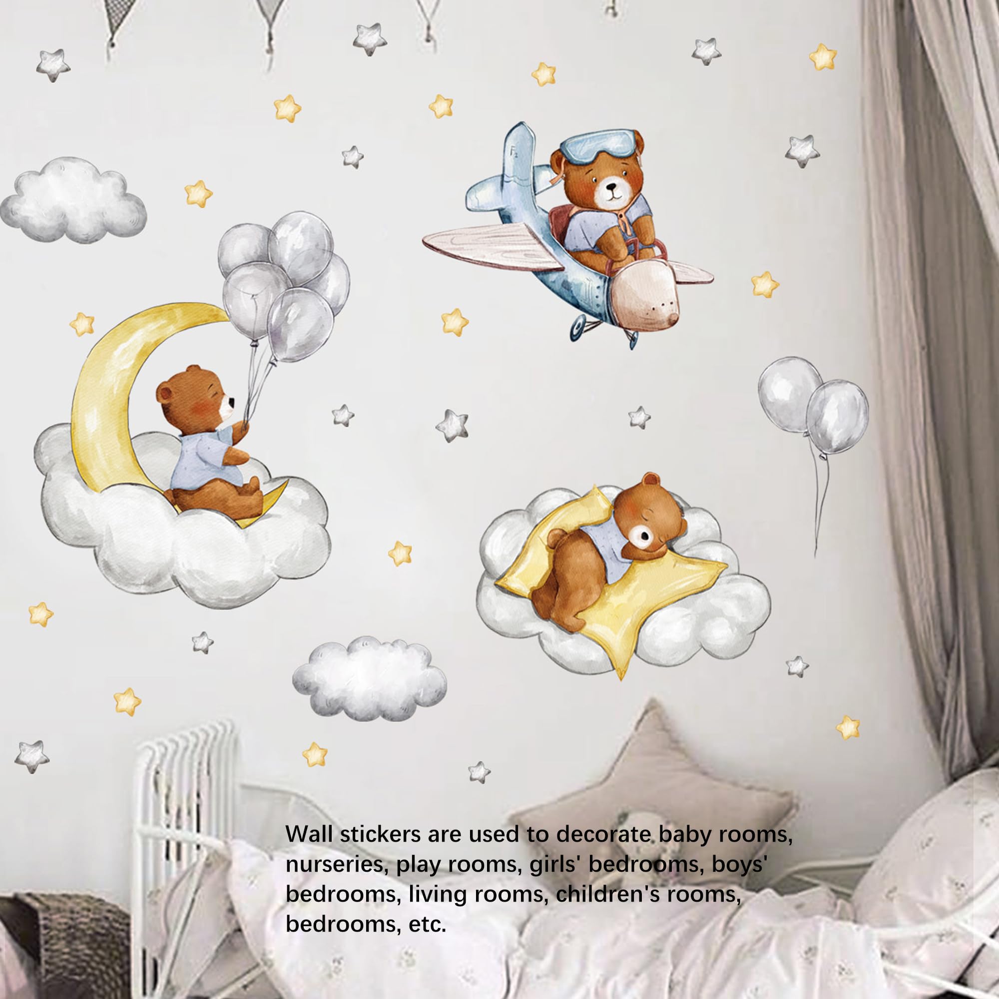 12 Fogli Di Adesivi Da Parete A Forma Di Orso – Sogni Dolci Little One Con Luna, Stelle E Palloncini – Decorazione Cameretta Per Bambini E Ragazzi