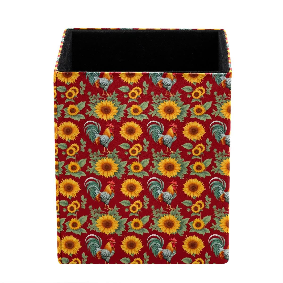 HEOEH Rooster Sunflowers Pen Holder Pen Pot, Square Pencil Cup for Desk