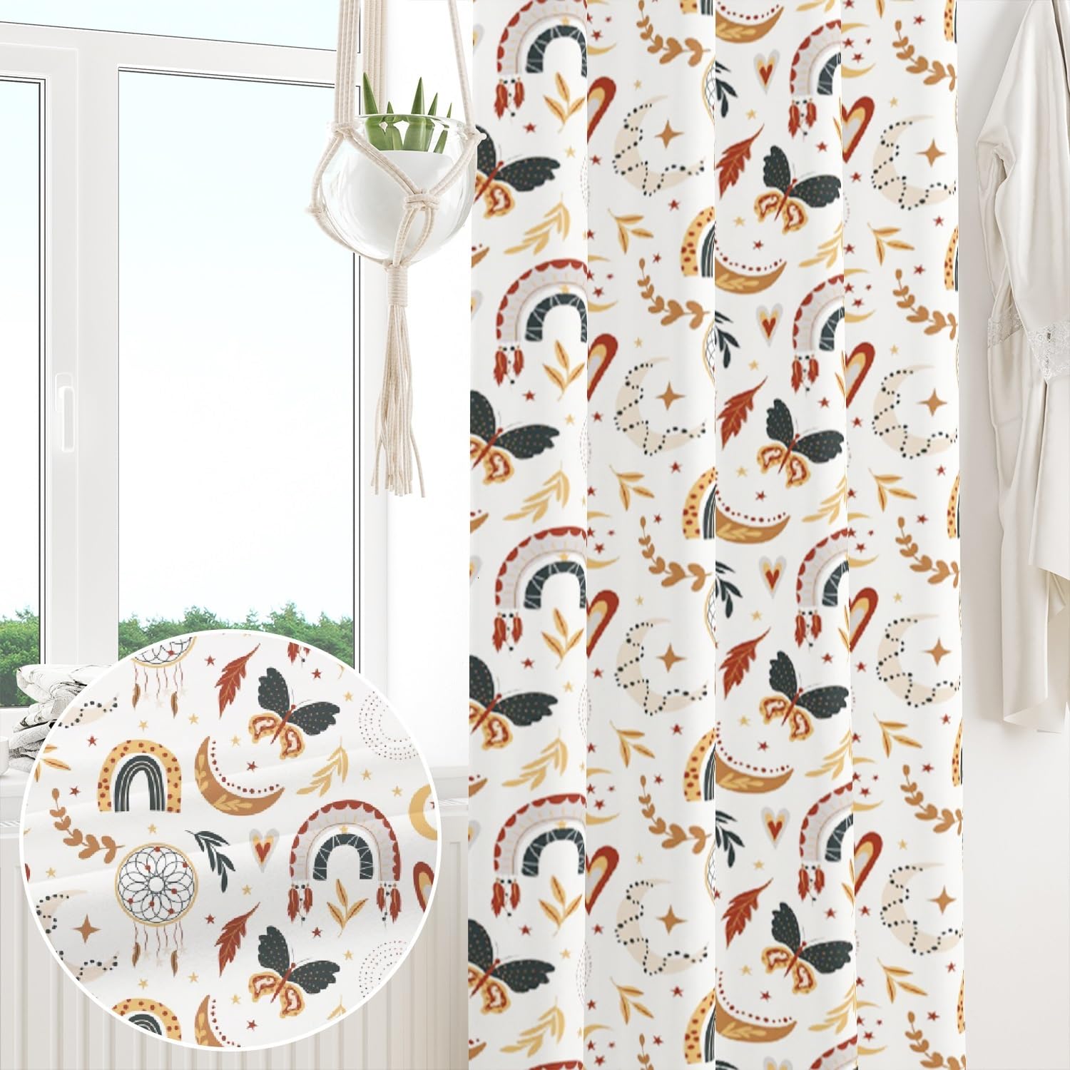 107x160cm Cartoon-Regenbogen Verdunkelungsvorhang fürs Kinderzimmer Boho Traumfänger Mond Ösenvorhänge Thermo Fenstervorhänge für Baby Mädchen Spielzimmer Wohnzimmer,1-Einzelpaneel