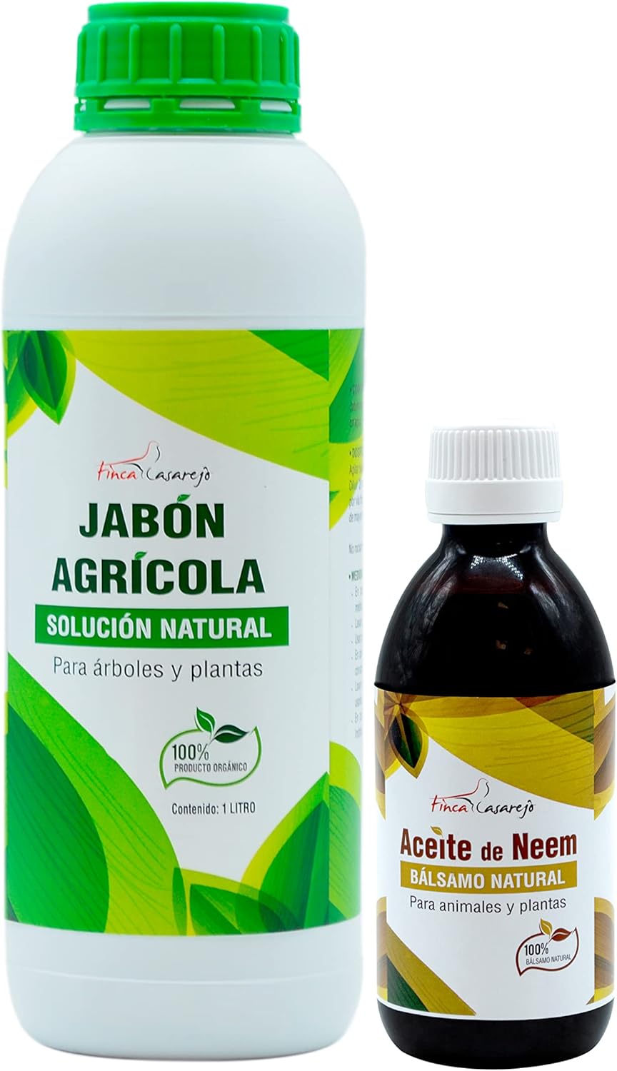 FINCA CASAREJO Jabón agrícola 1L + Aceite de Neem 250ml - Pack de 2 Productos Naturales para Proteger Tus Plantas y Huertos Frente al Pulgón y el minador de cítricos