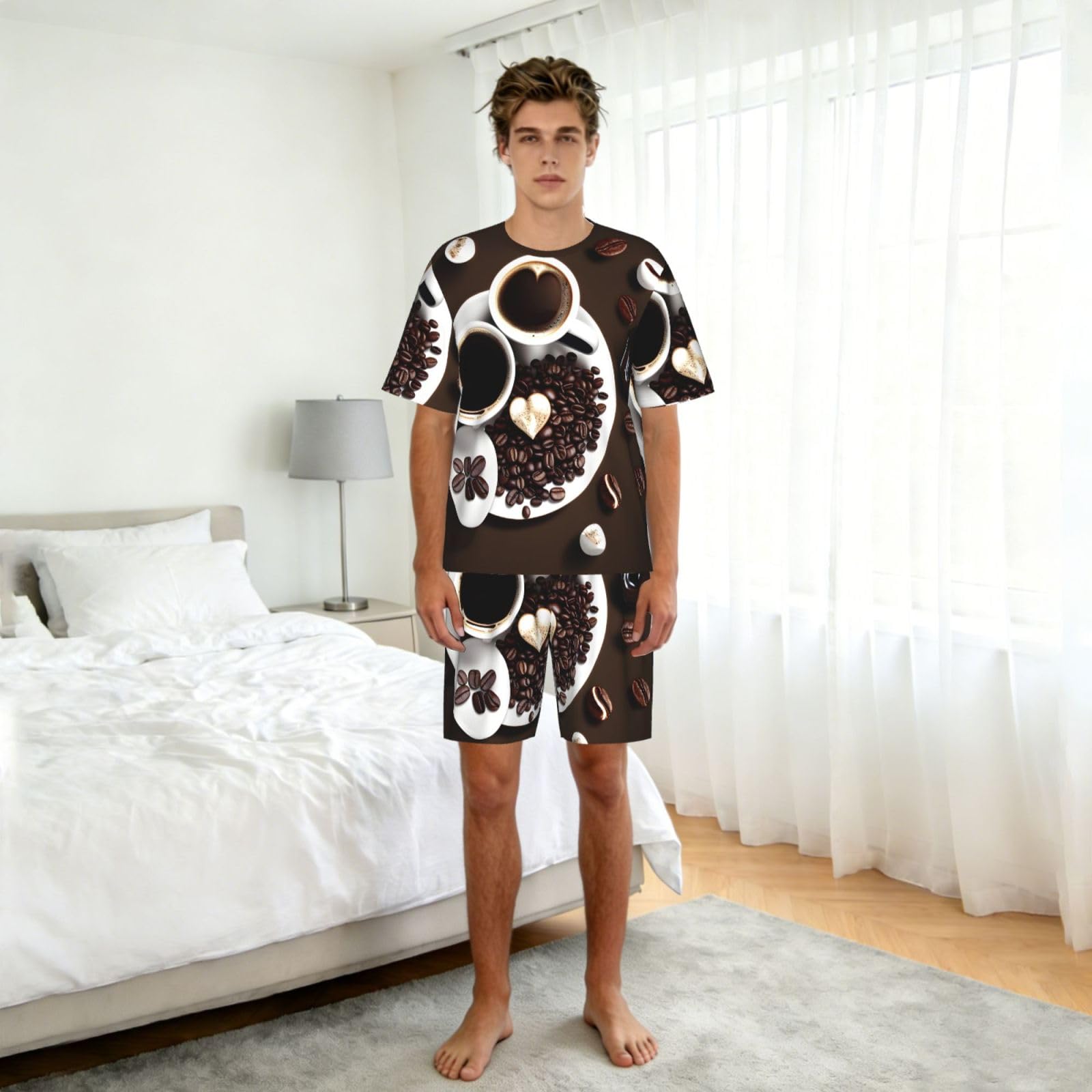 Conjunto de pijama clásico con estampado de collage de café, pantalones cortos de pijama suaves para hombre, perfecto para las noches de verano