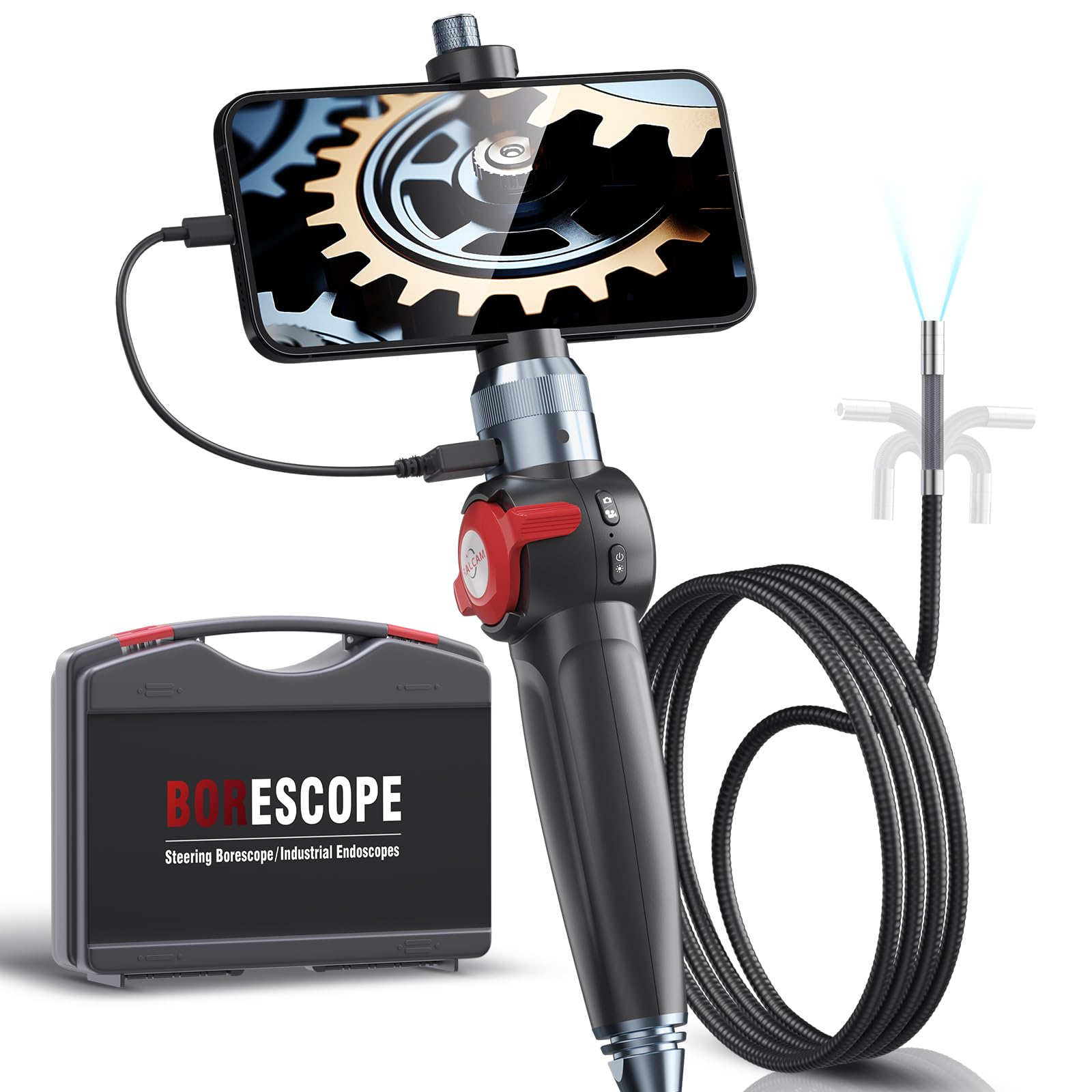 Ralcam Articulating Borescope, 180° 2-Way Endoscope Camera Compatible with Android & iPhone, 8.5mm Lens Inspection Camera IP67 Waterproof Probe, 10 Adjustable LED Light, 5.0FT Semi-Rigid Cable