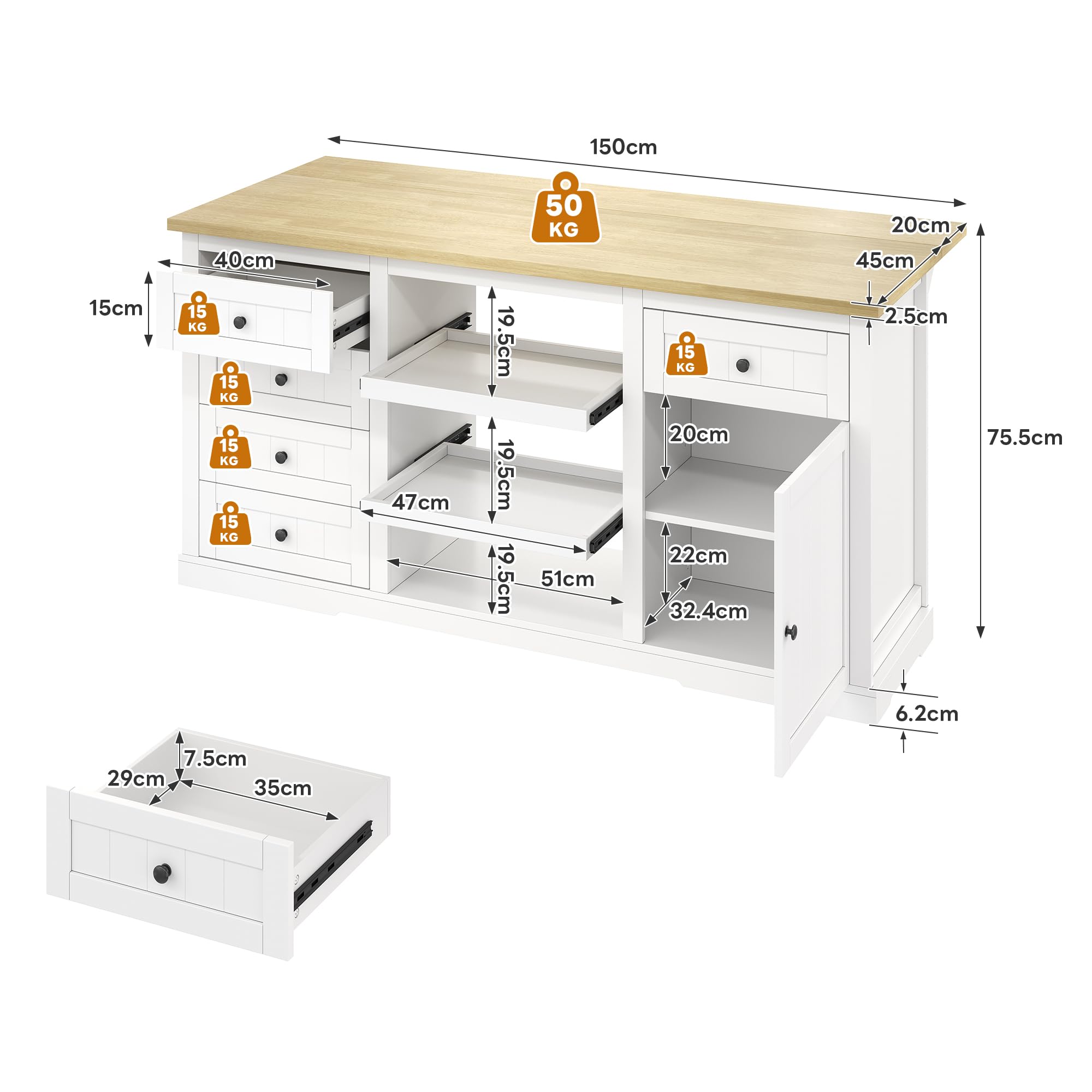 Îlot de Cuisine Mobile avec Tablette Escamotable, 5 Tiroirs et Prises Intégrées, Ilot Central Cuisine Meuble de Rangement Multifonction Blanc, 150x65x75 cm