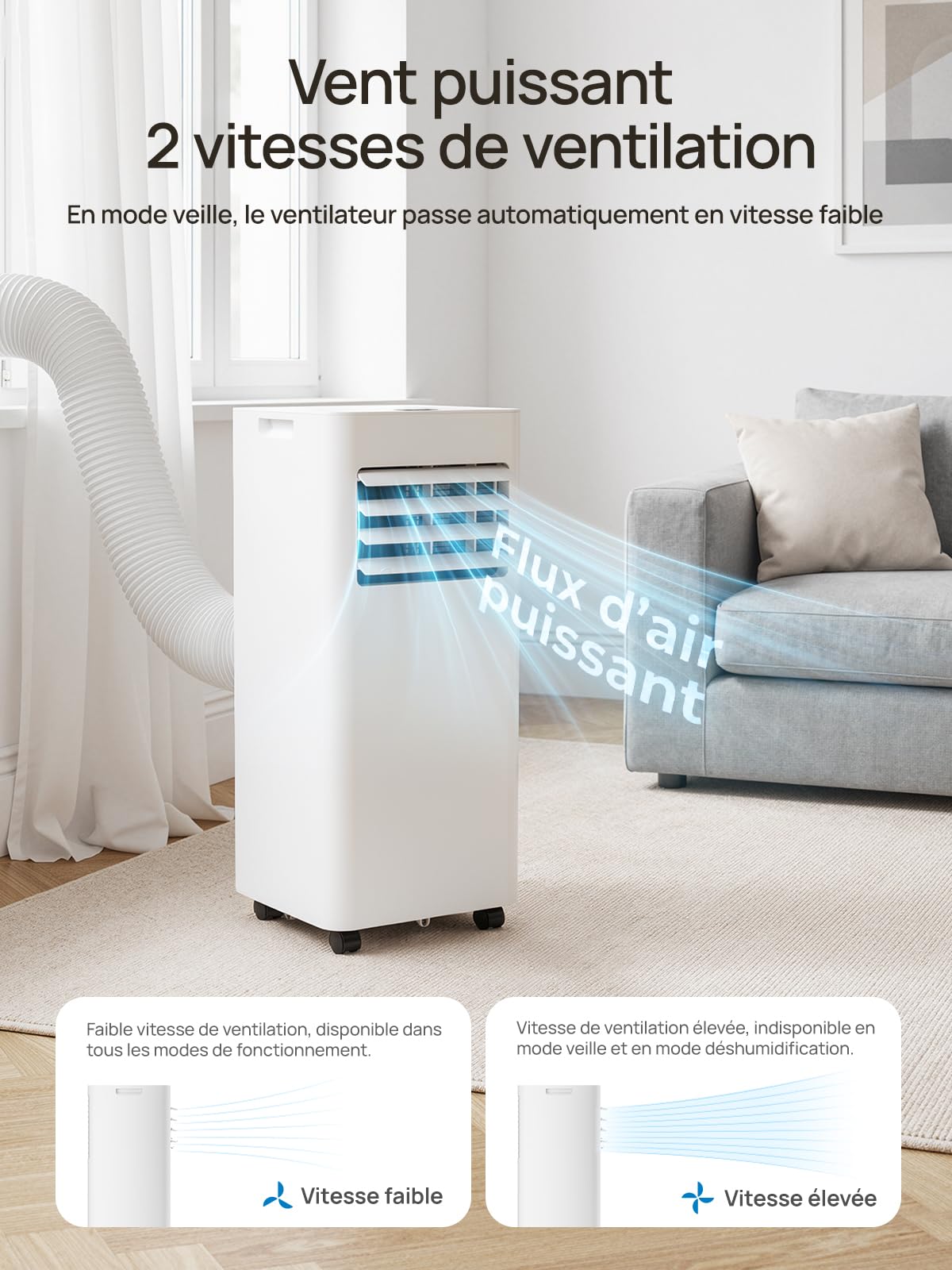 Climatiseur mobile 9000 BTU, 4 en 1 (refroidissement/déshumidification/ventilateur/mode veille), télécommande, écran LED, minuterie 24h et sécurité enfant – Idéal pour la maison, le bureau, le camping