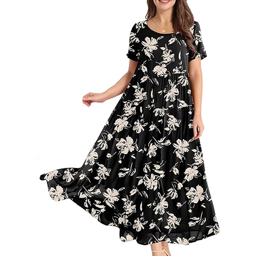 YESNO Women Casual Loose Bohemian Floral Dresses with Pockets Short Sleeve Summer Beach Swing Dress
