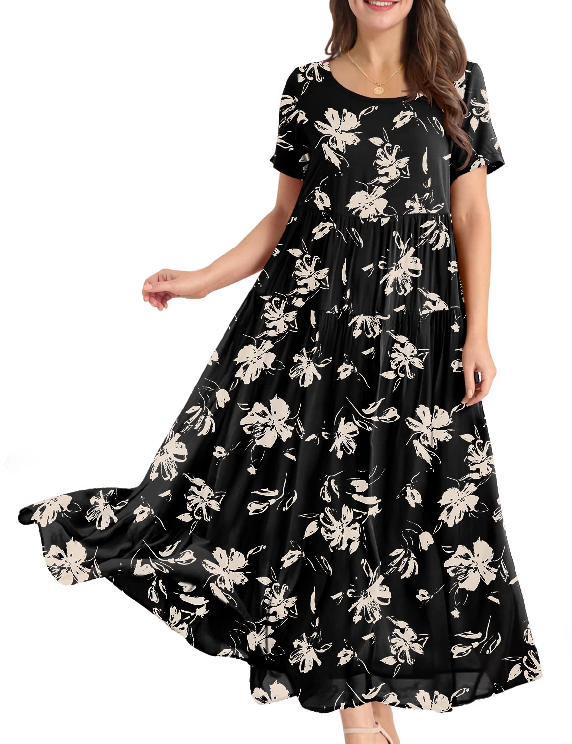 YESNO Damen Kleider Freizeit Lose Sommerkleid Lang Boho Maxikleid für Rundhals Strandkleid Blumenkleid EJFDE