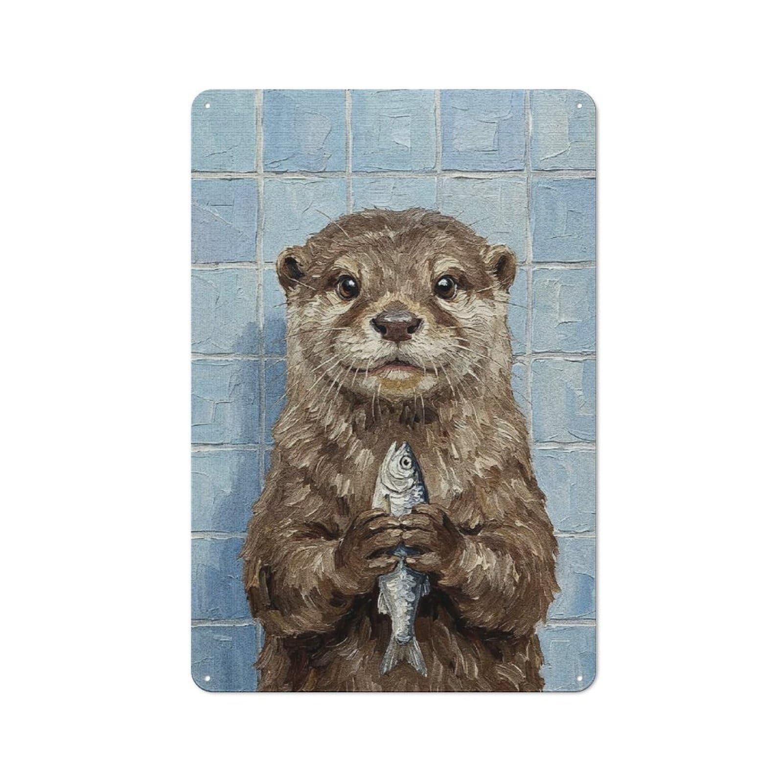 Otter with Fish Painting Vintage Metal Wall Decor 30x20cm, Vintage Metal Sign for Cafe, Bistro, Bakery Or Restaurant