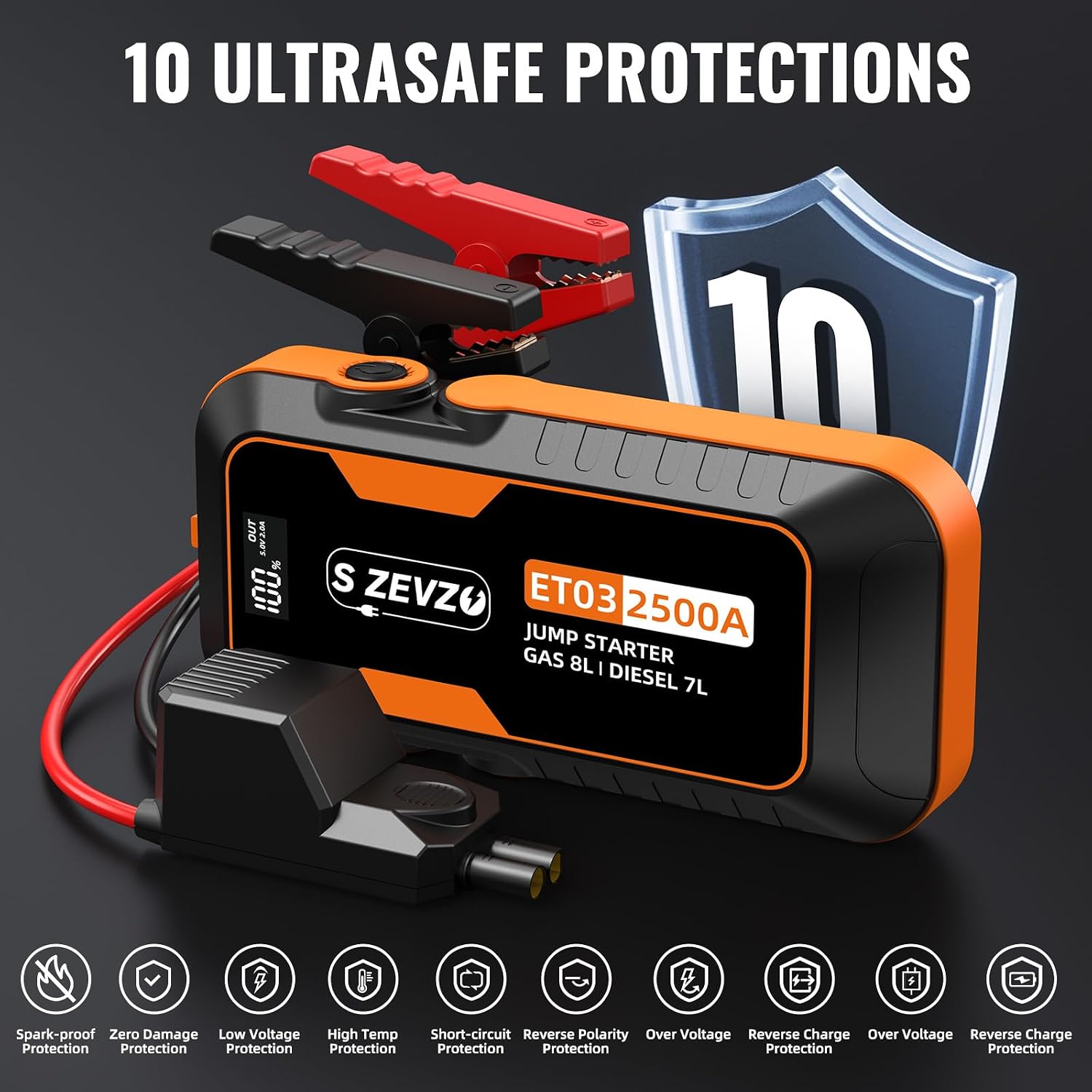 S ZEVZO ET03 Car Jump Starter 2500A Jump Starter Battery Pack for Up to 8.0L Gas and 7.0L Diesel Engines, 74Wh Portable 12V Jump Box with USB Ports, LCD Display, Flashlight and Storage Case (Orange)