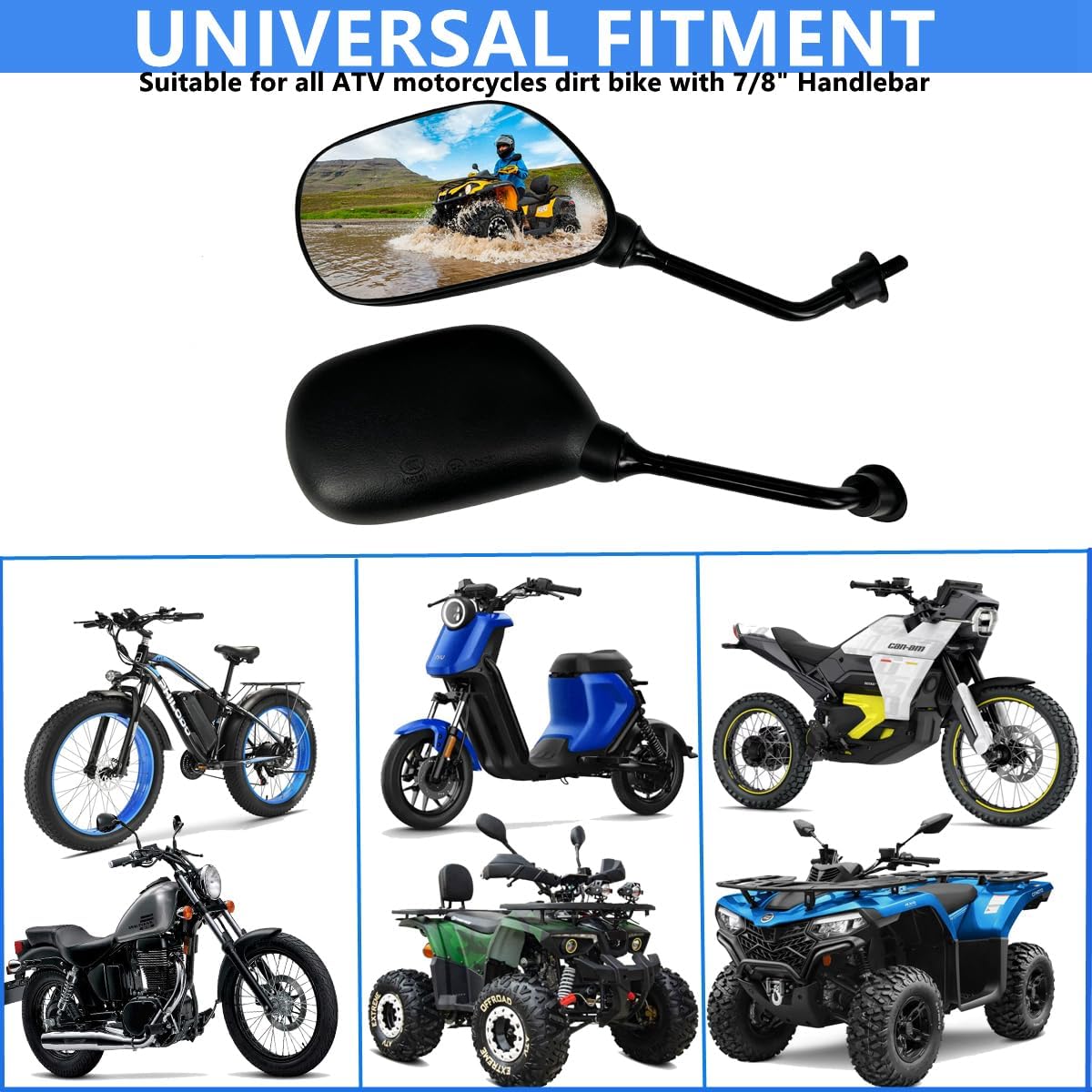 ATV Mirrors, WLOOD 8MM ATV Rear View Mirrors for Handlebars Bike Mirror Compatible with Snowmobile Scooter Moped Dirt Bike Sportsman, 360 Degrees Ball-Type Adjustment, black